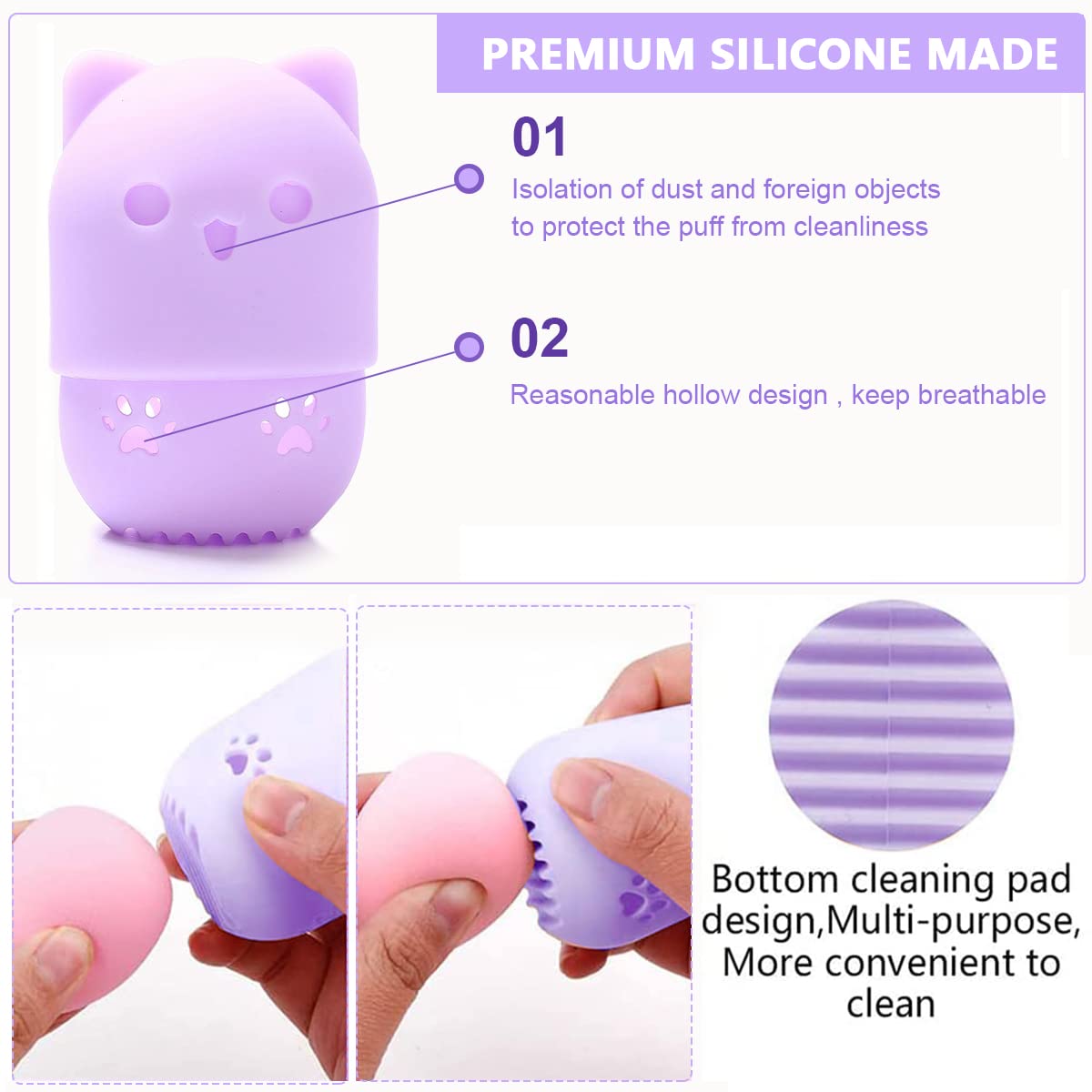 MAYCREATE Makeup Sponge Holder Cute Silicone Beauty Blender Sponge Organizer Travel Sponge Blender Storage Carrying Case Breathable Dry Rack Container (Purple)