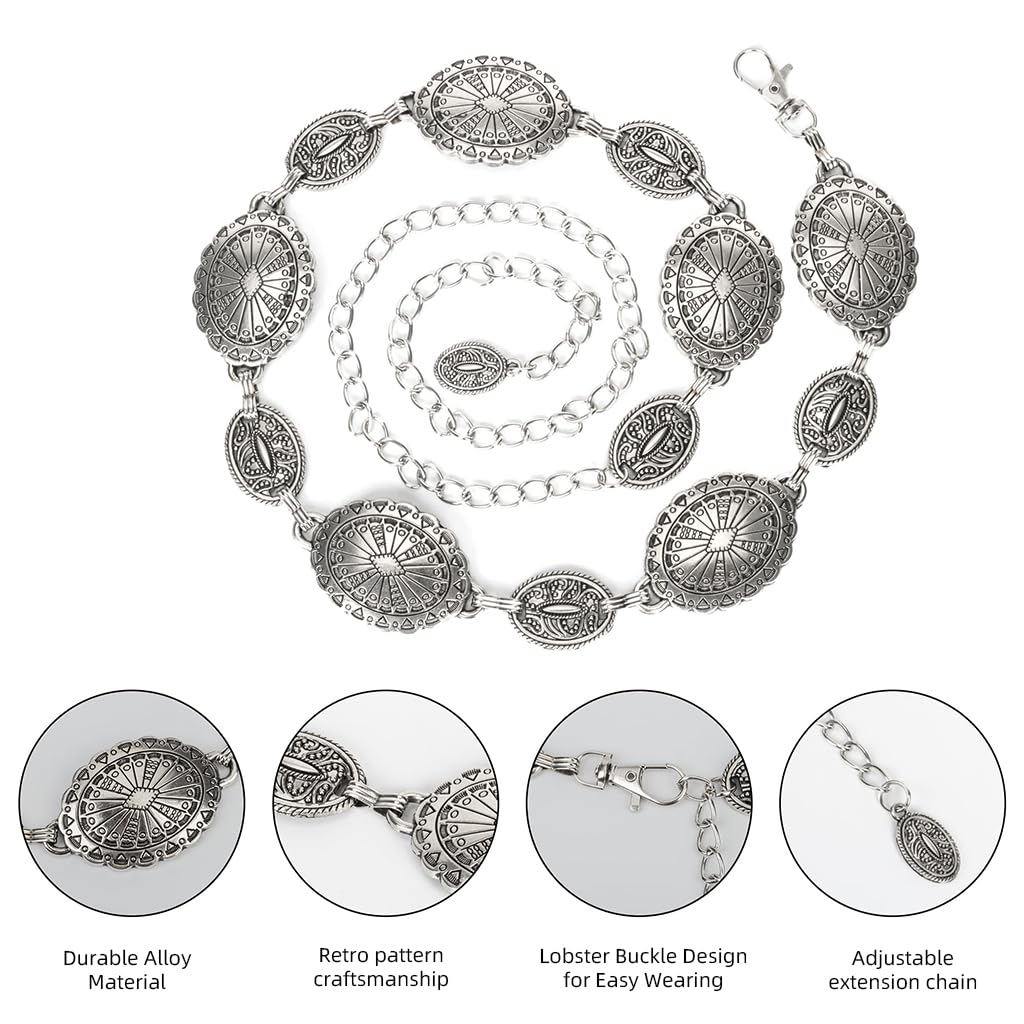PALAY Boho Waist Belt for Women Silver Concho Belt Saree Waist Belt Metal Concho Belt Western Fashion Conchos Adjustable Concho Belt
