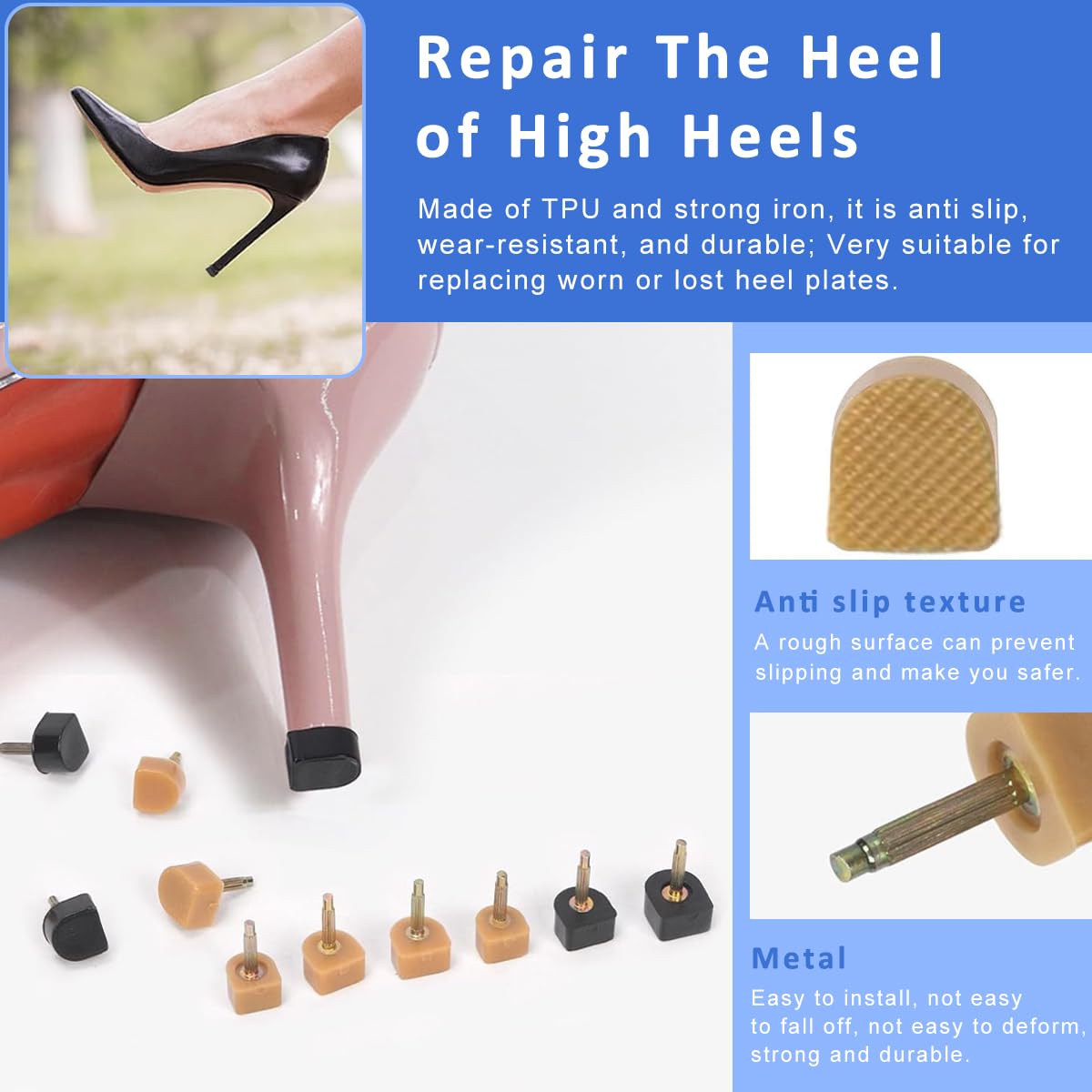 HASTHIP 20 Pairs High Heel Tips Replacements High Heel Tips Black & Beige U-shape Heel Tips Small Round Heel Tips 12.5mm/11mm/10mm/9mm High Heel Tips with Plier, for Replacing Worn-out Heel Tips