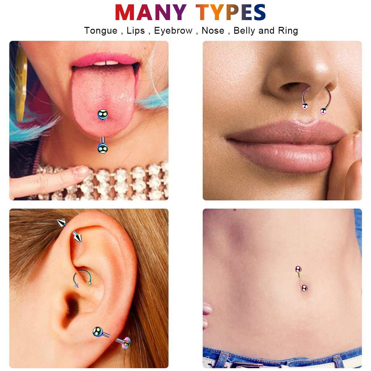 HASTHIP 40pcs 16G Assorted Stainless Steel Body Button Rings Piercing Studs Jewelry Lot Kit for Nose, Lip, Tongue, Cartilage, Tragus Eyebrow, Barbell, Belly