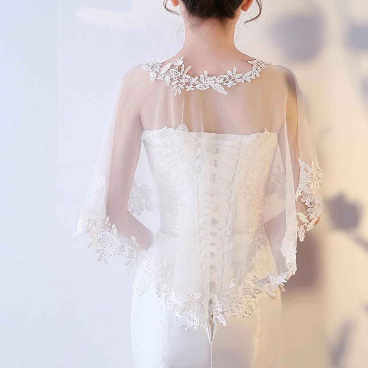PALAY Sheer Lace Shawl Elegant White Lace Evening Dress Wrap Shawl Bridal Cape Cover Up Shawl Bridal Shawl Embroidery Floral Edge Lace Shawl for Dresses, Off-Shoulder