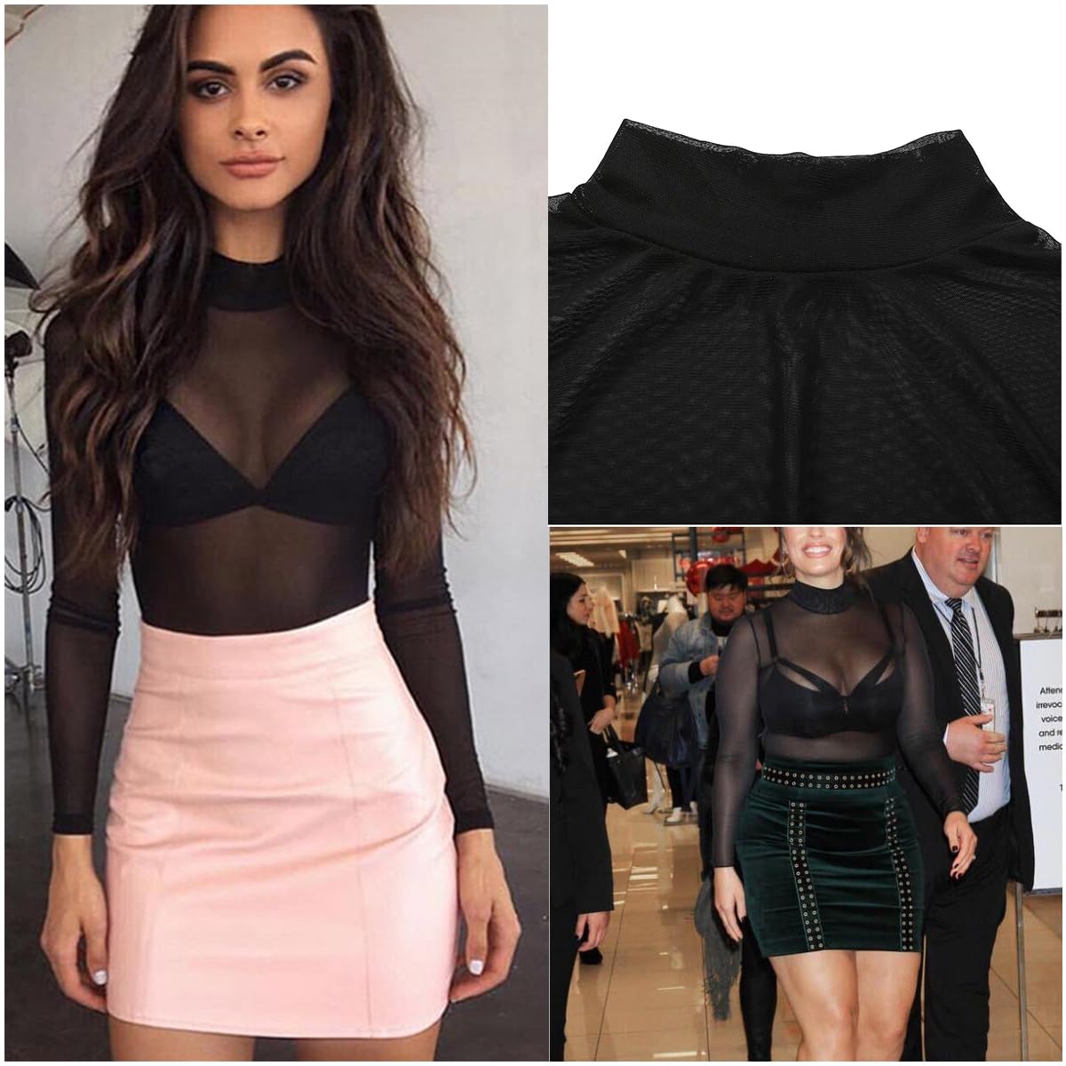PALAY Women's Mesh Tops High Neck See Through Shirts Short Sleeve Long Sleeve Bodycon Sheer Slim Fit Blouse Clubwear, M