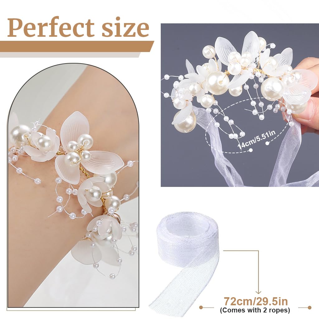 SANNIDHI Pearl Wrist Corsage Wristlet Band for Girls Kids, Flower Bracelet Hand Corsage for Women Wedding Birthday Party Prom Ceremony Accessory