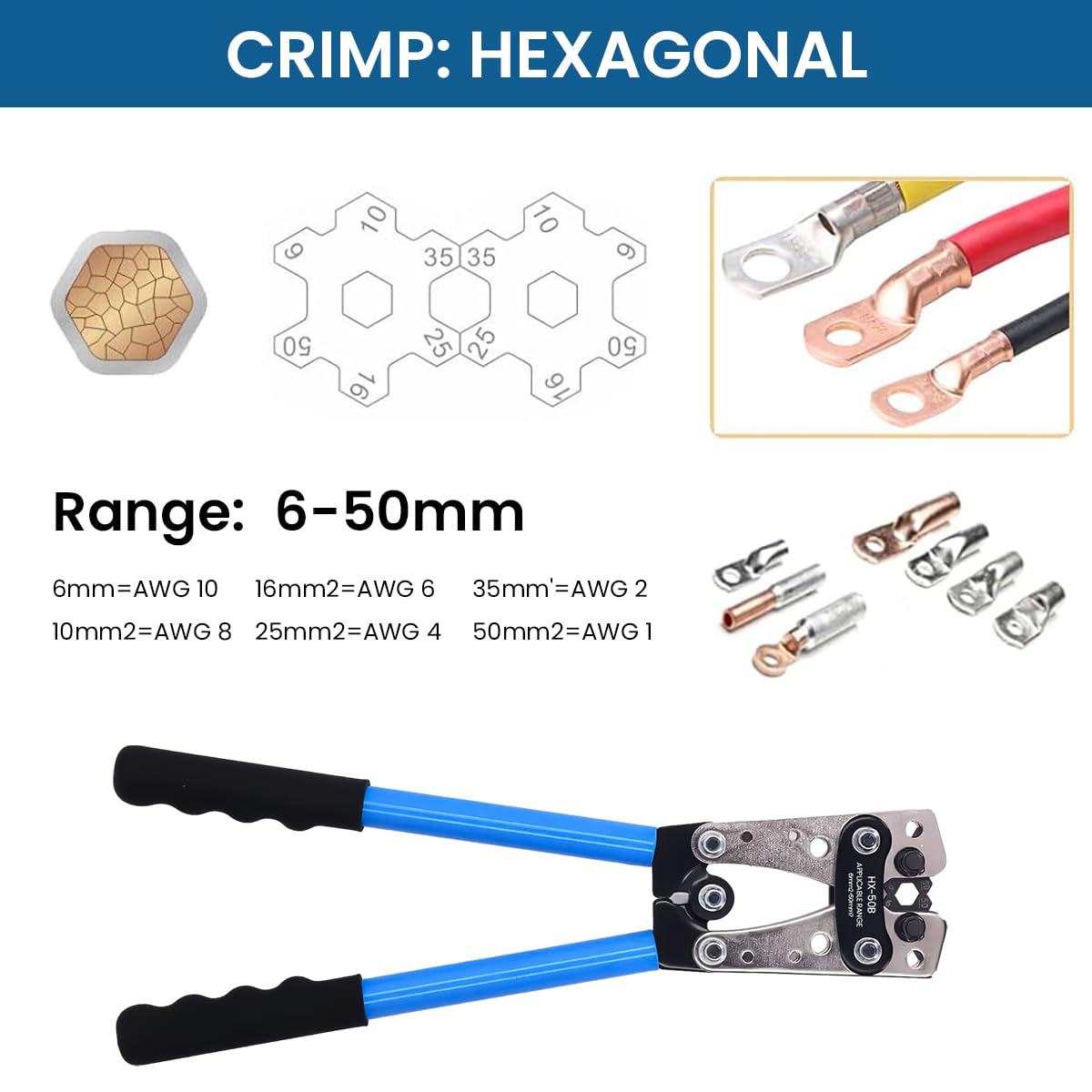 HASTHIP Battery Cable Lug Crimping Tool for AWG 10-1 Copper Wire Lugs with 60 Pcs 8 Sizes Copper Ring Kit, Heavy Duty Wire Crimper Plier Wire Crimper for Battery Wire Terminal