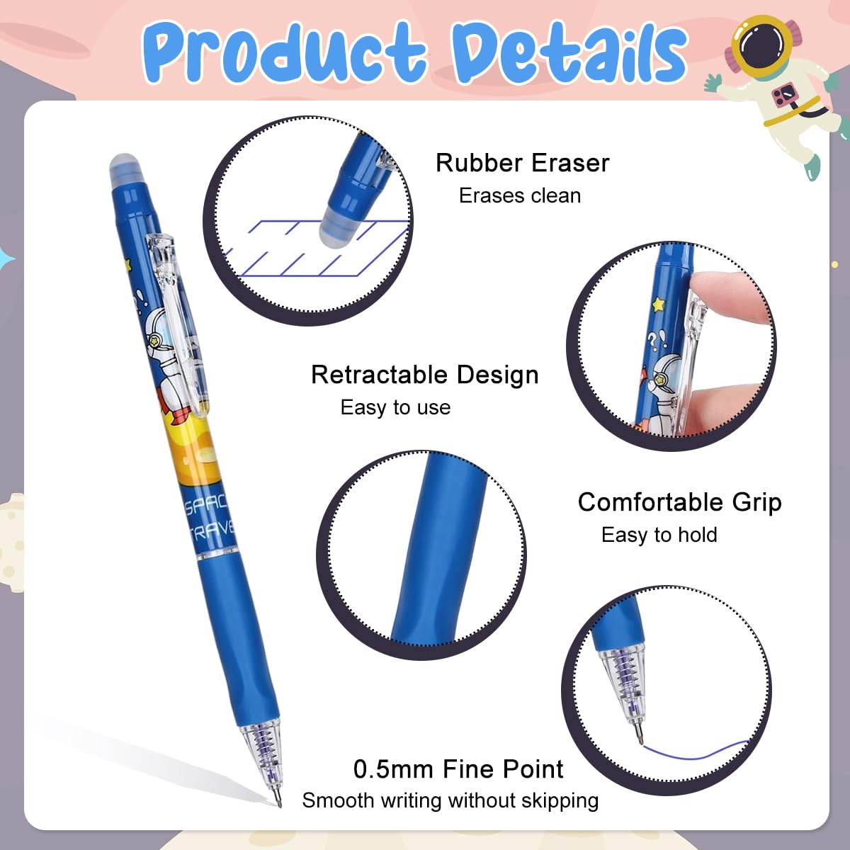 HASTHIP 6Pcs Erasable Pens with Rubber Eraser Cap Earsable Clip Pen 0.5mm Thickness Thermo-sensitive Erasable Pens Child-friendly Rubberized Grip Cartoon Erasable Pens for Writing, Drawing, Sketching