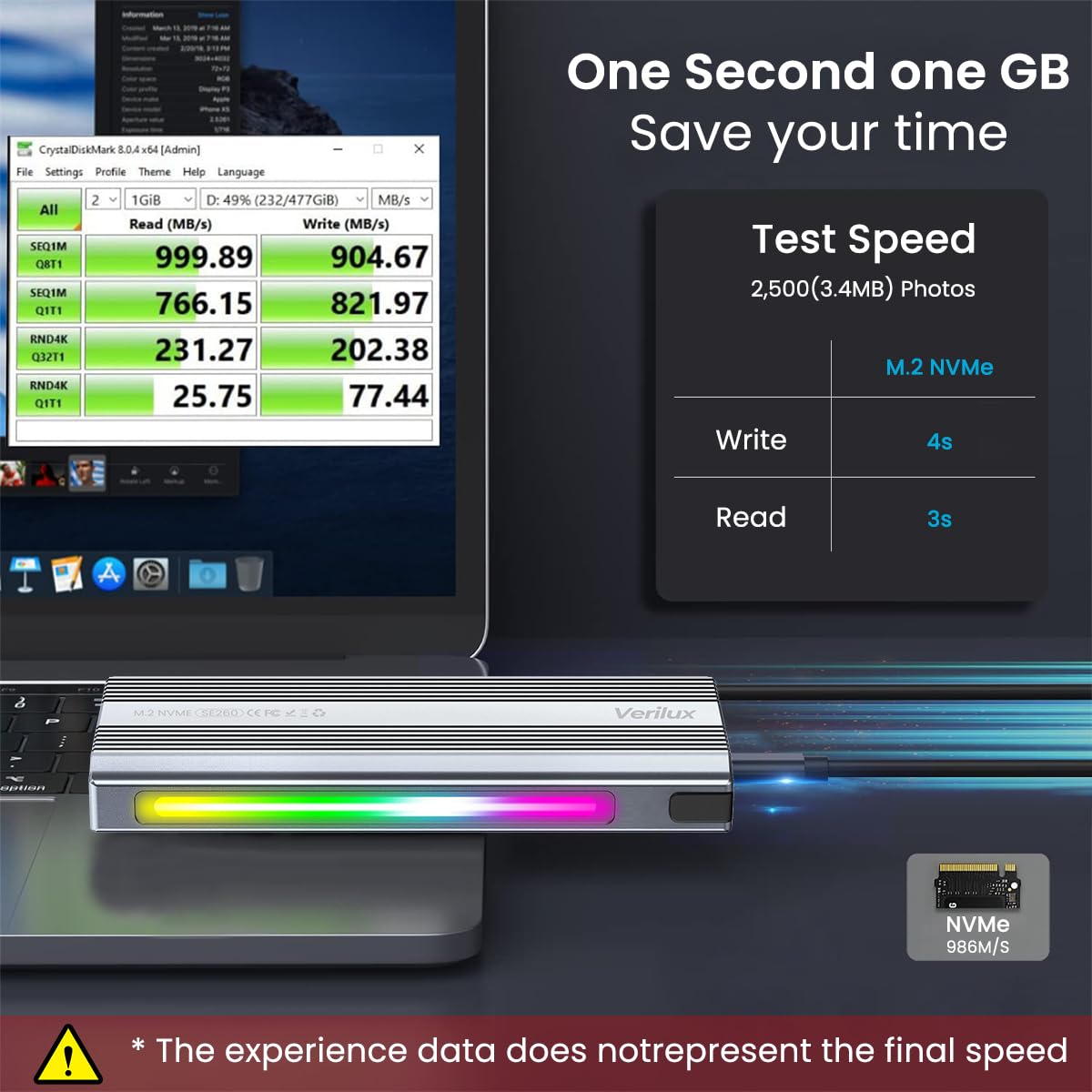 Verilux RGB M.2 NVMe SSD Enclosure, USB-C 3.1 Gen 2 10Gbps, Aluminum SSD Case, UASP & Trim Support, for 2230-2280 Sizes, Plug & Play for Laptop/PS4/Smartphone, Up to 2TB - No SSD Included