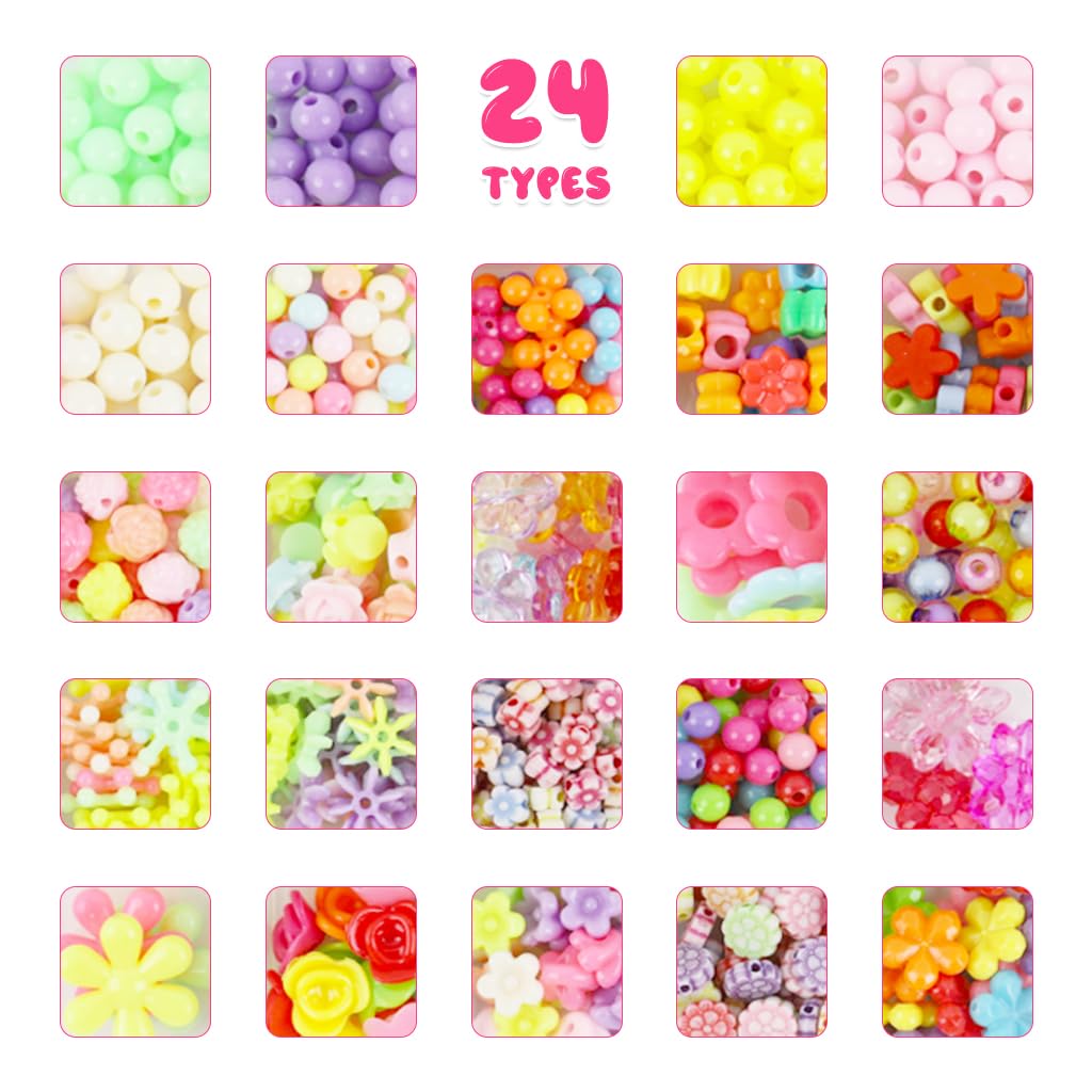SANNIDHI Bracelet Making Kit for Kids Girls, 600pcs+ Cute Beads for Jewellery Making Kit, Color Acrylic Necklace Bracelet Beads Kit, 24 Grids Beads Set for Crafts DIY, Children's Day Gift