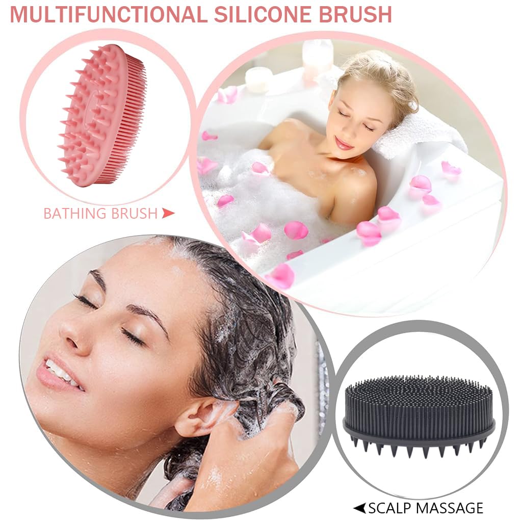 MAYCREATE 2 Pack Silicone Body Scrubber, 2 in 1 Bath and Shampoo Brush, Exfoliating Double-Sided Body Brush for Sensitive Skin, Scalp Massager Shampoo Brush, Gentle Exfoliating, Pink+Black