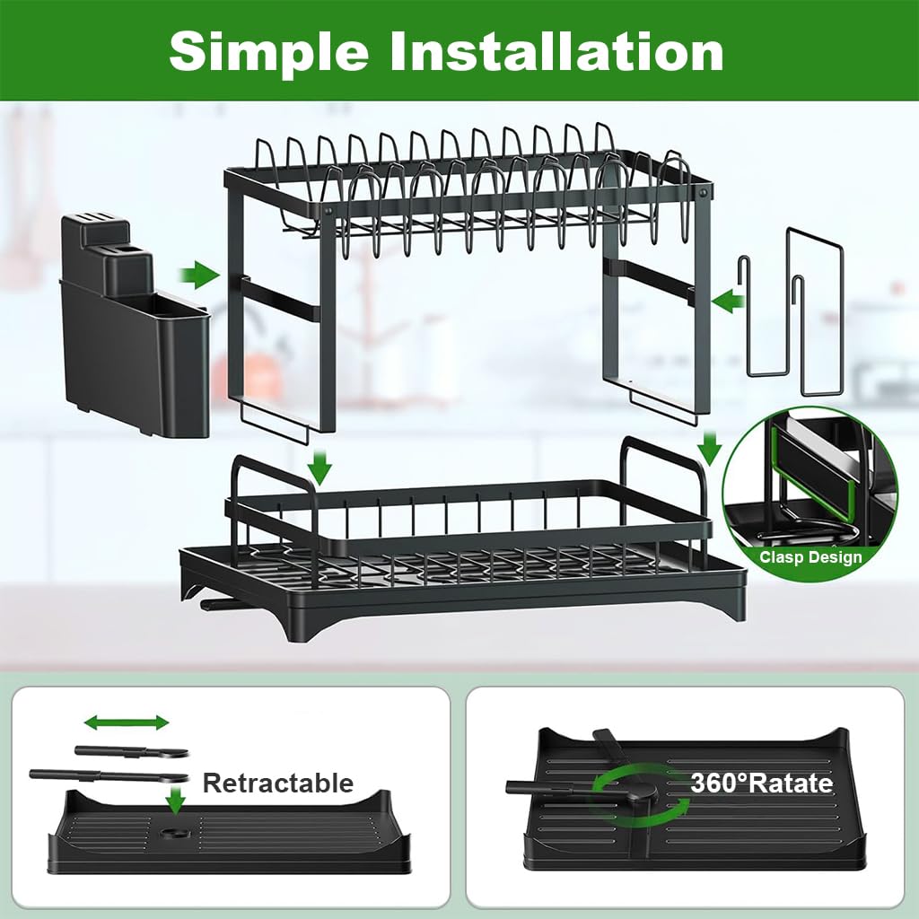 Supvox Dish Drying Rack Kitchen Organizer Countertop Double Layer Dish Drain Rack Kitchen Organizer Cup Drying Rack Kitchen Carbon Steel Plates Drying Rack Large Dish Drainer Kitchen Organizer