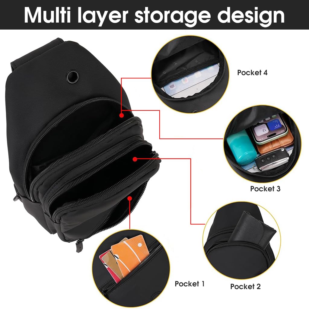 GUSTAVE Waterproof Sling Bag Crossbody Backpack Chest Shoulder Cross Body Bag Travel Outdoor Sport Hiking Cycling Camping Daypack For Men Women (30cm x 18cm x 8cm, Black)