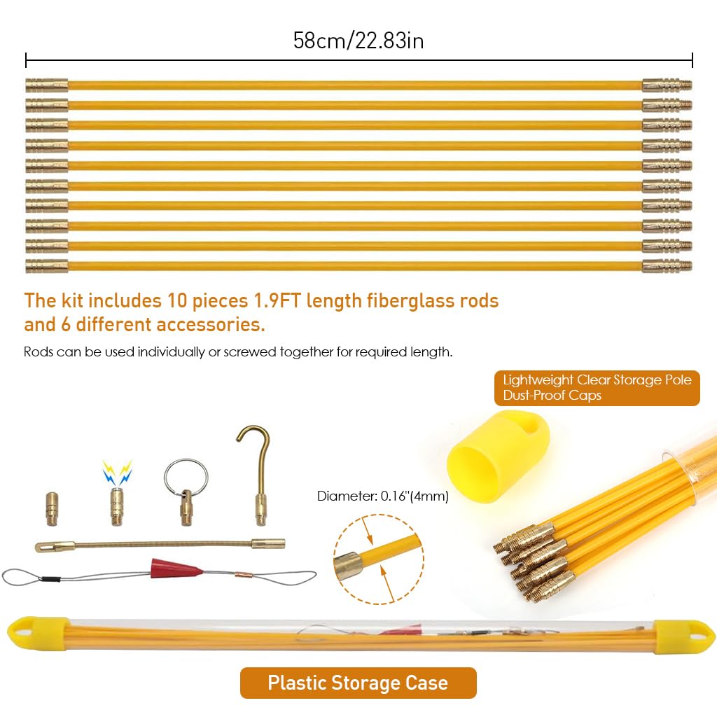 Serplex 22.8'' Fiberglass Fish Tape Kit 10Pcs Connectable Fiberglass Fish Tapes Fiber Optic Fish Tape Non-conductive Fiberglass Fish Tape Kit Installation Accessories
