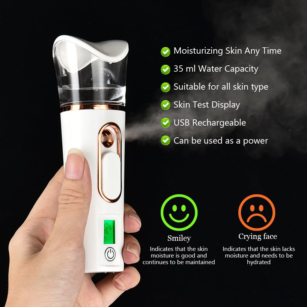MAYCREATE Face Mist Sprayer Handy Nano Face Mist Spray Machine Cool Mister Portable Facial Steamer with Skin Moisture Tester for Face Moisturizing, Hydration Refreshing (1200mAh USB Rechargeable)