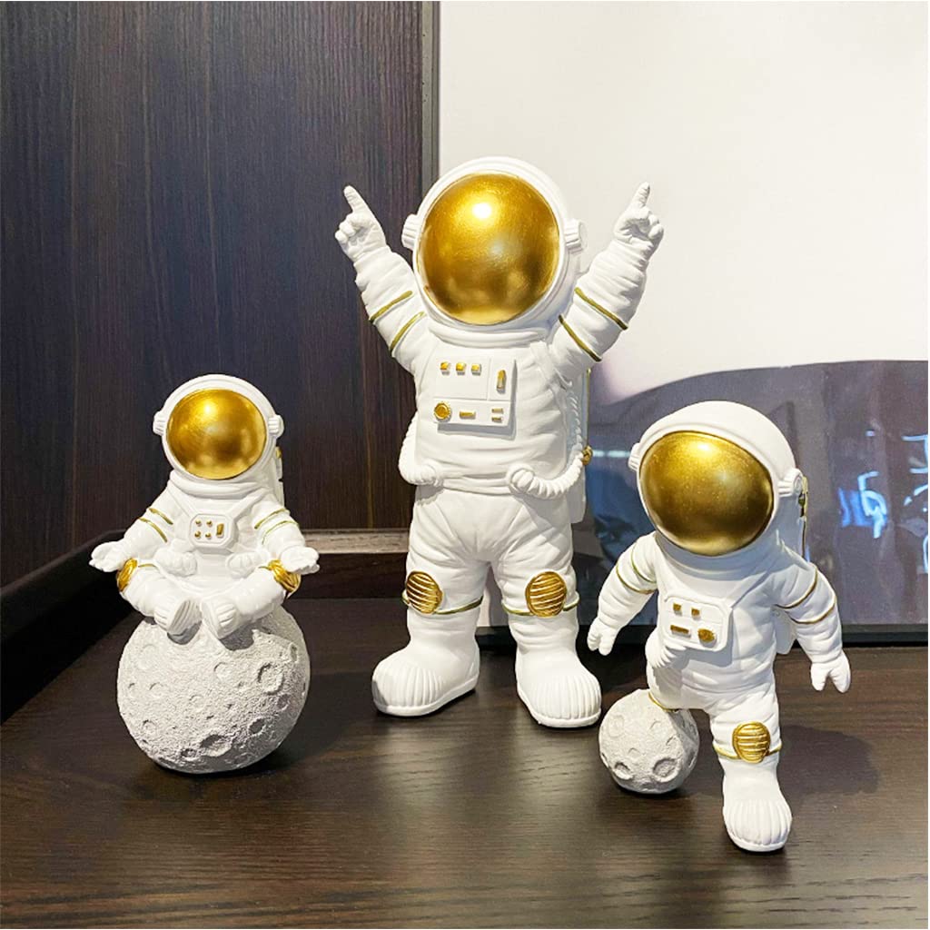 HASTHIP 3PCS Astronauts Figures Statues Decor, Ornaments Resin Outer Space Themed Decor, Spaceman Planet Sculpture for Desktop & Tabletop Decor, Gift for Space Lovers, Gold