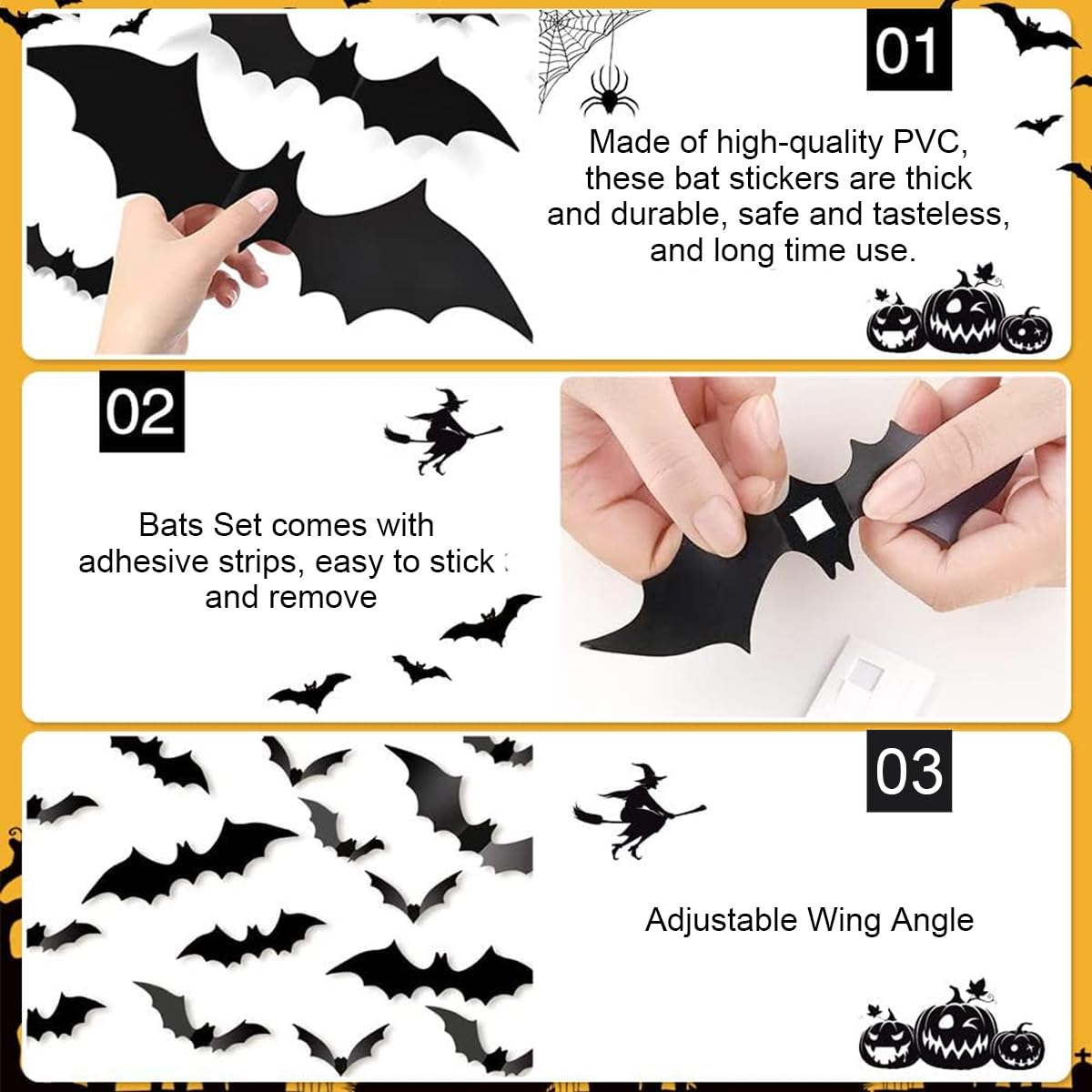 HASTHIP 60Pcs Halloween Wall Decoration Stickers Fun Black Bat Wall Stickers Wall Decorative PVC Bat Stickers with 4 Sizes Spooky Halloween Wall Stickers Halloween Party Supplies