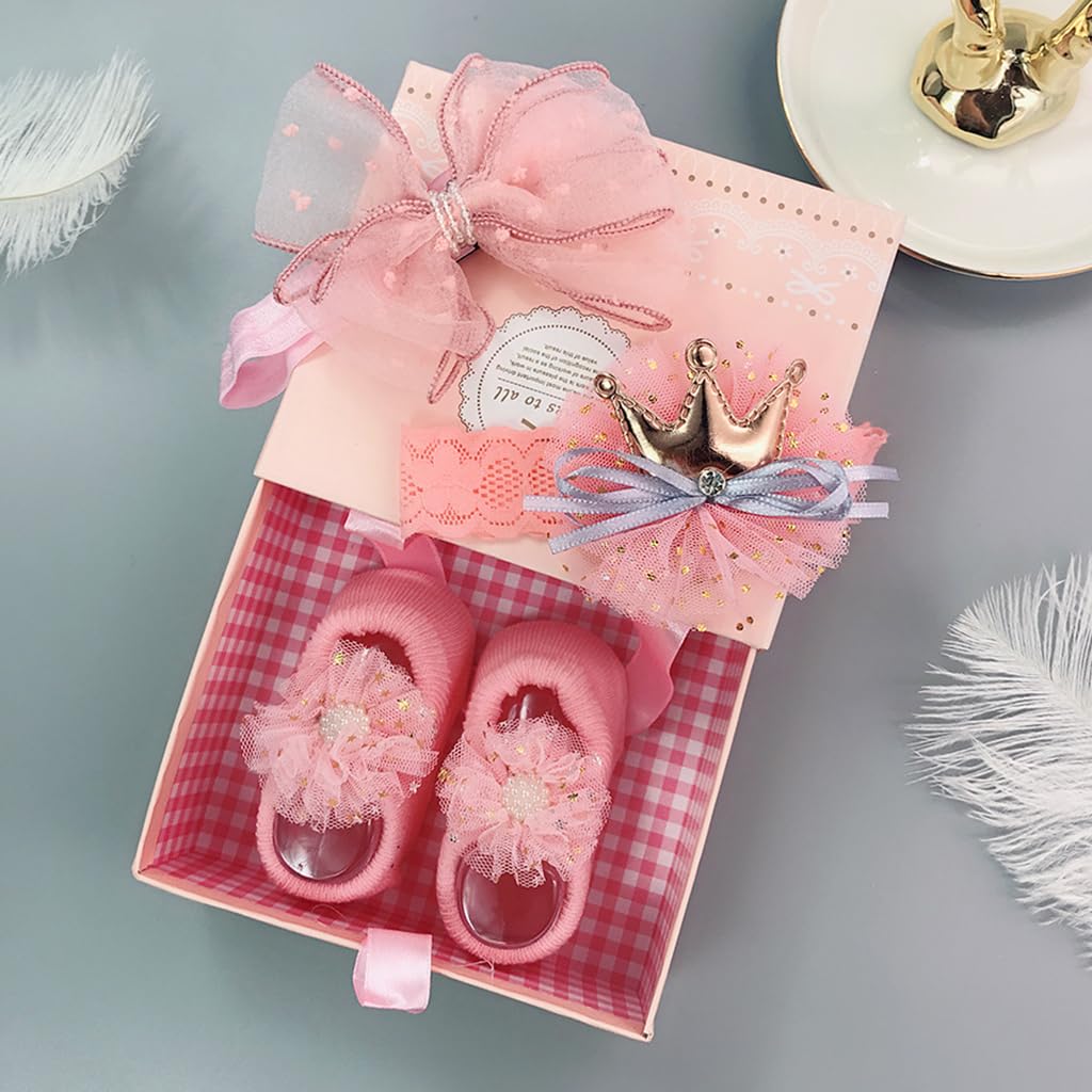 SNOWIE SOFT Baby Girl Shower Gift Set of 3Pcs Girls Crown Headband Lace Bow Headband Baby Girls Footwear Pink Princess Baby Girl Gift for Newborns Milestone Gift for Baby Girls