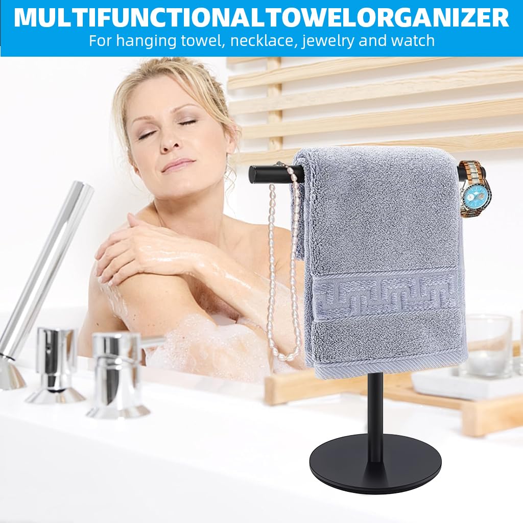 HASTHIP® Towel Rack for Countertop T-bar Towel Rack with Base11.8 inches High Stainless Steel Black Modern Minimalist Bathroom Face Towel Holding Rack Utility Storage Rack for Face Towel, Paper Rolls