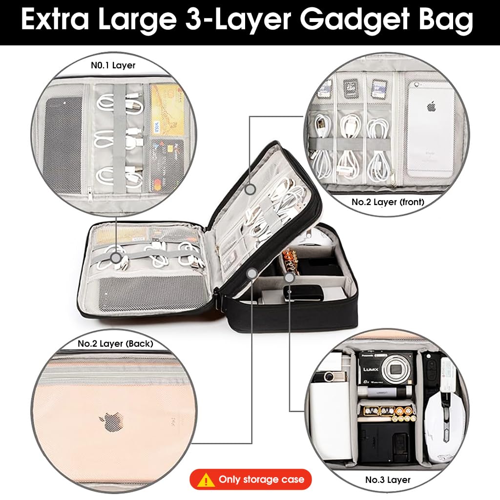 ZIBUYU Travel Cable Organiser Bag, Extra Large 3-Layer Universal Gadget Bag with Adjustable Dividers, Shockproof & Water-Resistant for Electronics, Power Bank, Cables - Black, Perfect for Travel