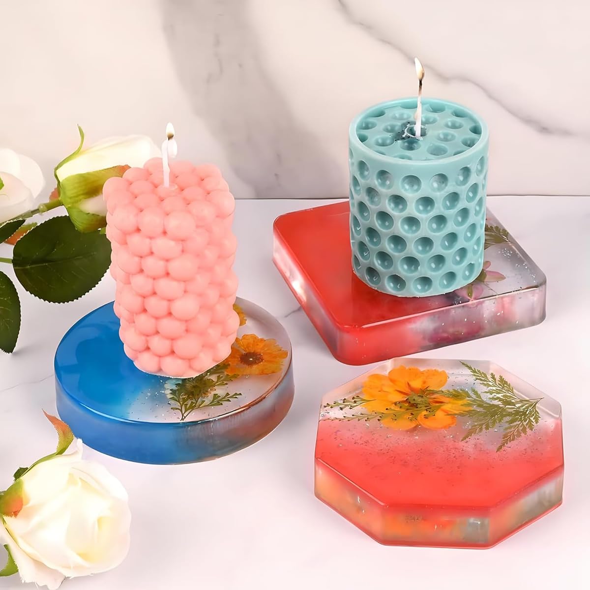 HASTHIP 6-Cavity Coaster Resin Silicone Mold Minimalism Geometric Coaster Resin Mold Hexagon, Round & Square Coaster Resin Mold DIY Coaster Resin Silicone Mold
