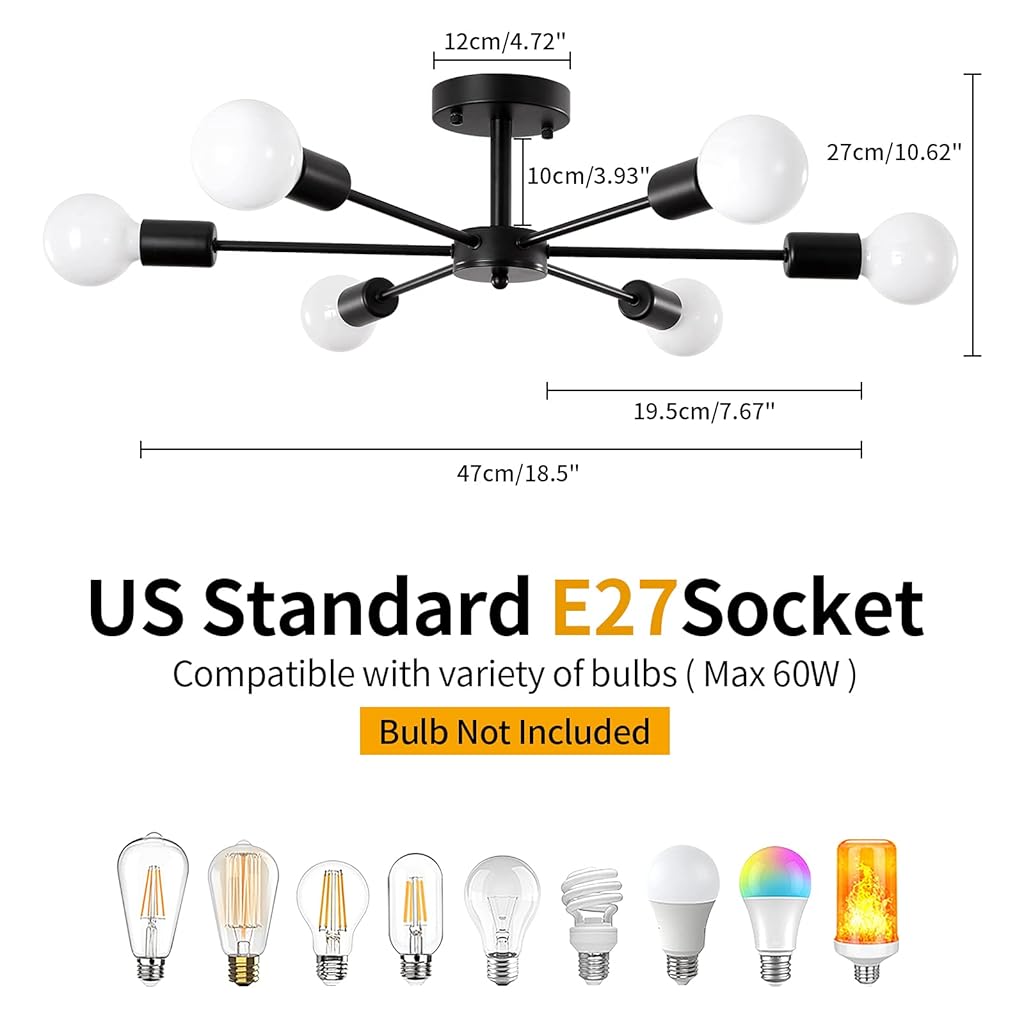 ELEPHANTBOAT Modern Metal Chandelier Light Fixture, 6-Light Modern Flush Mount Ceiling Light for Living Room, Iron Cast Ceiling Light for Bedroom, Dining Room, Office, E27 Light Bubble Not Included