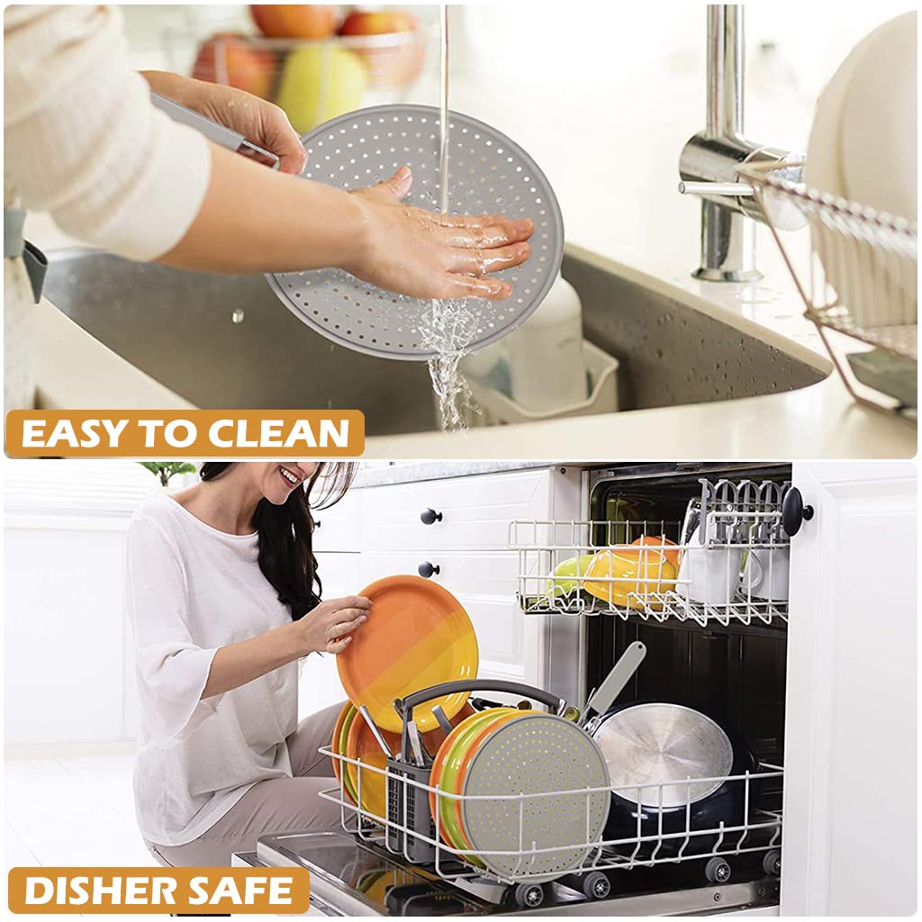 HASTHIP 11inch Frying Pan Non-Stick Cover, Silicone Splatter Screen Pan Cover with Heat Insulation Handle, Heat Insulation Cooling Mat, Strainer, Drain Board, Oil Splash Guard for Frying Pan