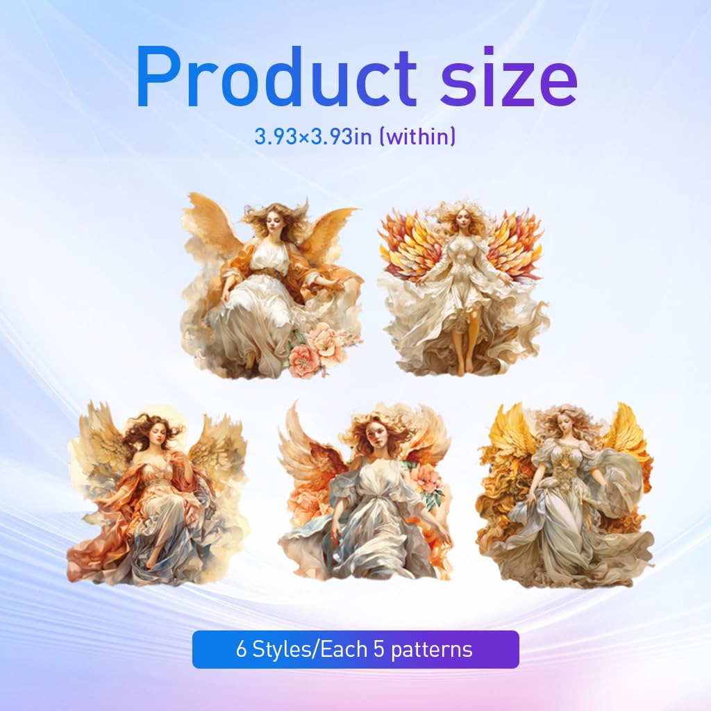 HASTHIP 30Pcs Angel Stickers PET Material 3.9-Inch Aesthetic Dreamy Color Angel Stickers Durable, Waterproof, Glossy 6 Styles for Journaling, Scrapbooking, Crafting, Gifting