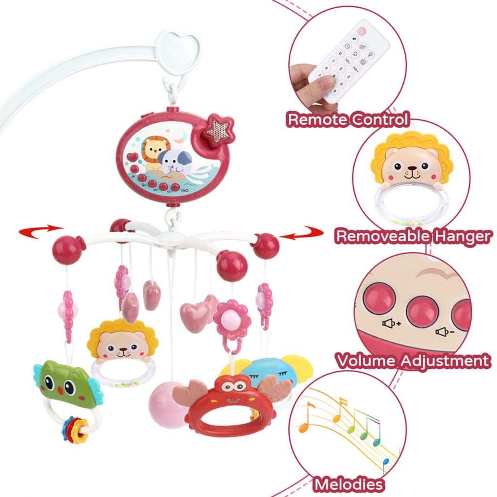 PATPAT Crib Hanging Toy for Babies, Electric Rotation Crib Soothe Toy Multifunctional Crib Hanging Toy with Lullabies, Timing, Projection, Night Light, Crib Hanging Toy for Baby 3-6 Month (Red)
