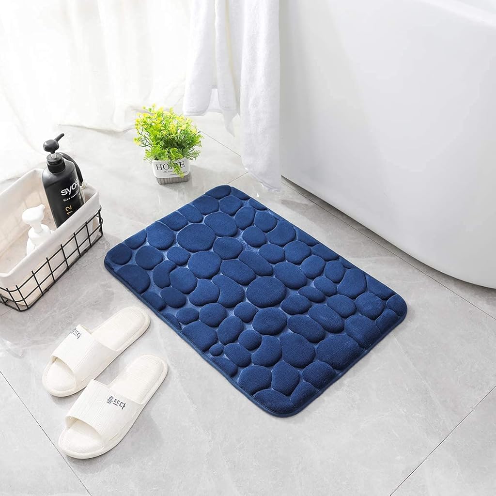 HASTHIP® Bathroom Floor Mat, Non-slip Toilet Mat, Water Absorbent Soft Memory Foam Bath Mat Fashion Dark Blue 3D Pebble Pattern Bathroom Quick Dry Floor Mat, 40x60cm