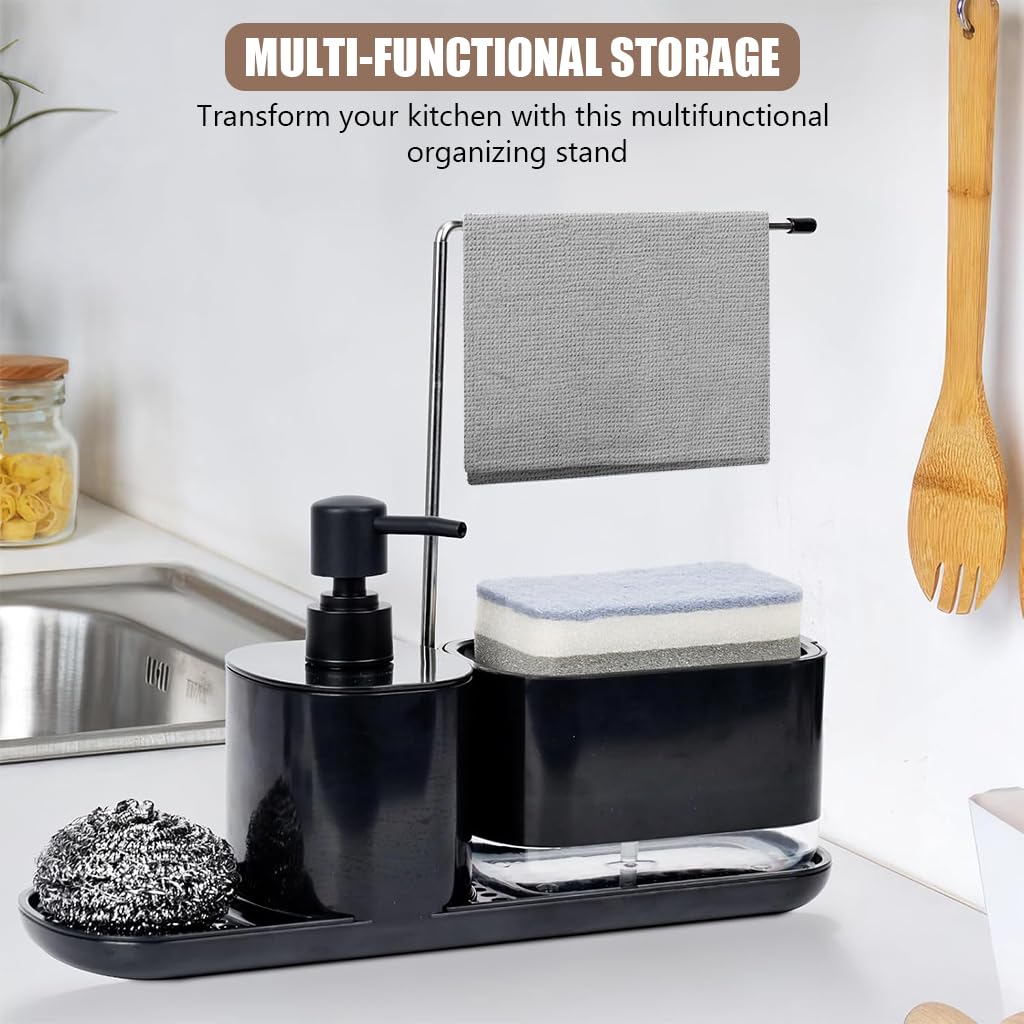 HASTHIP Kitchen Hand Soap Dispenser Multifunctional Kitchen Sponge Drain Rack with Cleanser Dispenser Bathroom Soap Dispensers Cleanser Dispenser with Tray and Dishcloth Holder