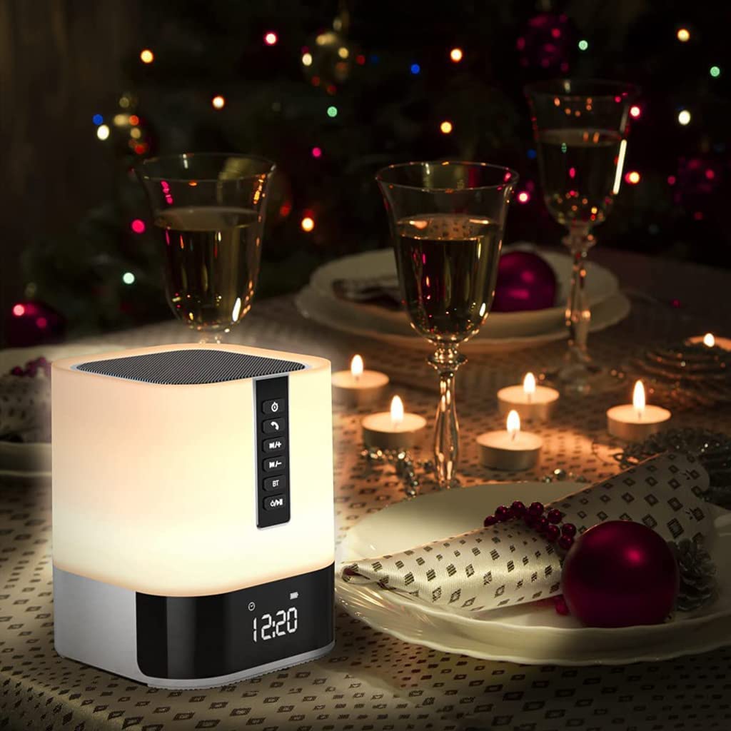 HASTHIP Night Light Bluetooth Speaker, Wireless Light Touch Light, Alarm Clock Bluetooth Speaker Touch Control Bedside Lamp with White Noise, Support Remote Control, TF Card, U Disk, Brightness Adjusting