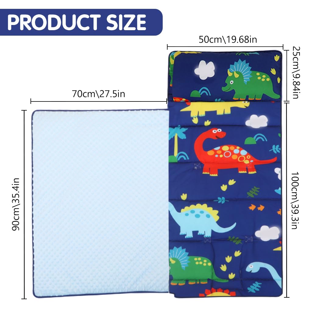 SNOWIE SOFT Kids Blanket Dinosaur Blanket for Boys Polyester Cotton Blanket for Kids, 3 in 1 Sleeping Mat with Pillow, Sheets, Toddler Folding Dinosaur Baby Blanket for 0-5 Years, 49.2x19.6 Inches
