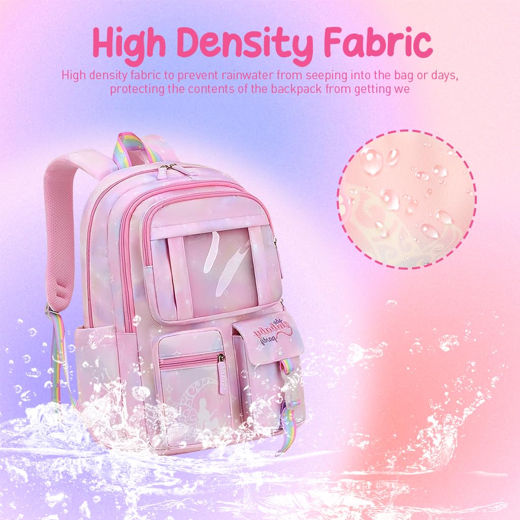 PALAY School Backpacks for Girls Stylish School Bags for Girls Kids 7-12 Years Old Cartoon Water Resistant Backpack Durable Burden Relief School Bag Children's Day Birthday Gift for Girls - Pink