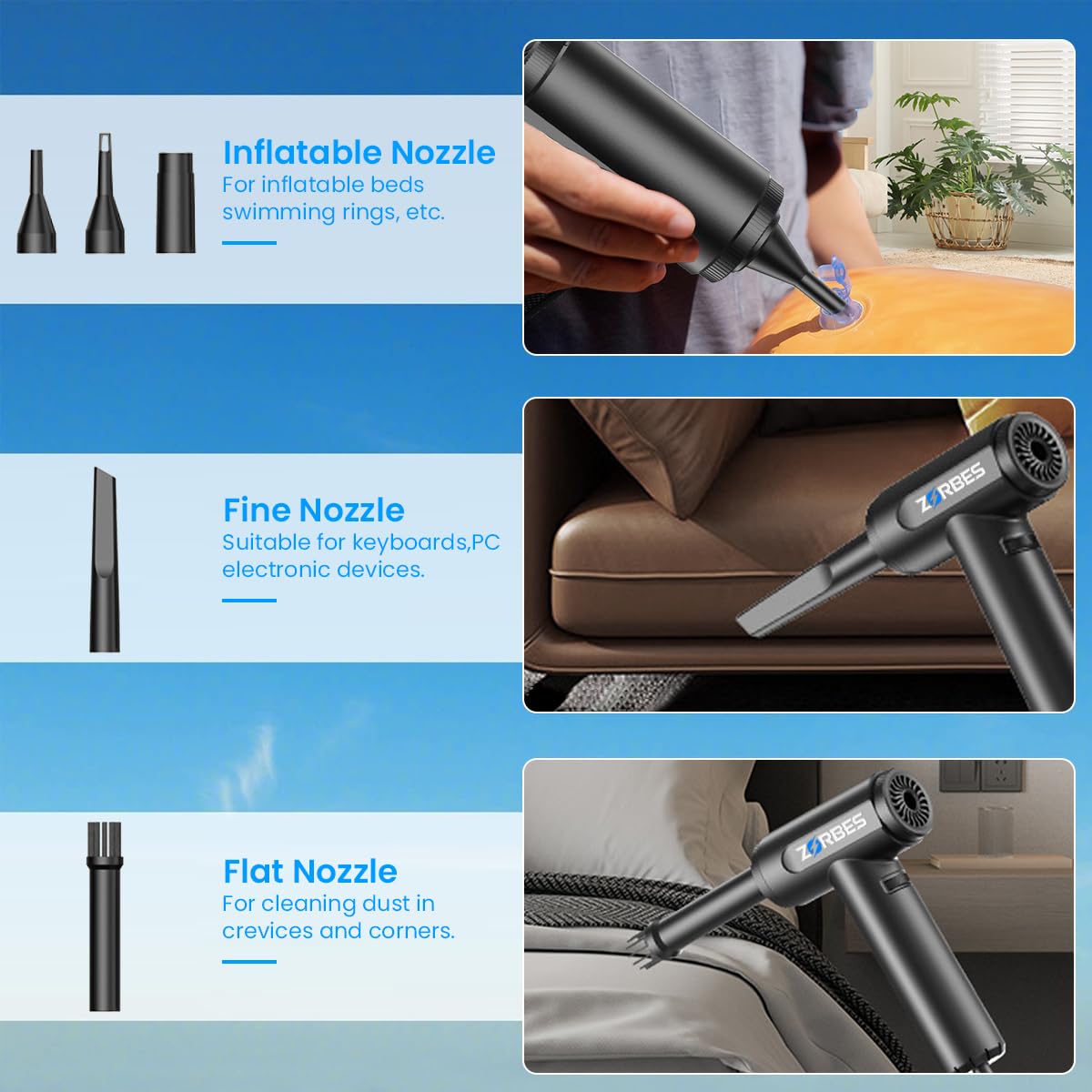 ZORBES Compressed Air Duster with LED, 500W 100500RPM Air Blower and 10 Speeds Adjustable Air Compressor Machine with 5 Nozzle Attachment Blower Machine, Suit Air Blower for Dust Cleaner for Home