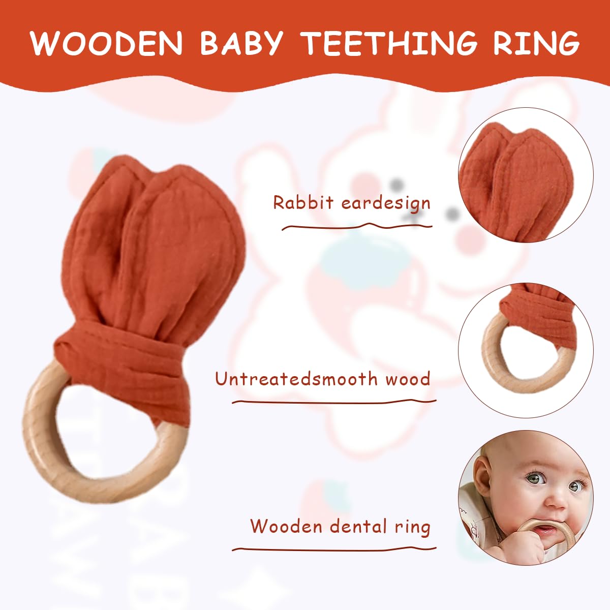SNOWIE SOFT Set of 3pcs Baby Soothing Comforter Towel Bib Wooden Teether Ring Cartoon Bunny Soothing Towel 100% Cotton Handkerchief Hand Gripping Towel, Face Towel for Baby 0-12 Months