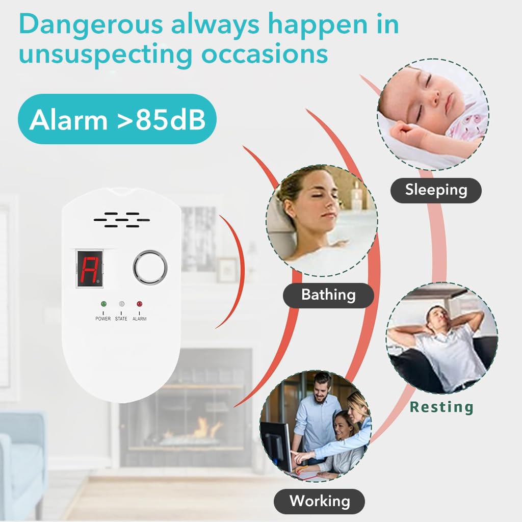 Serplex Kitchen Gas Detector Natural Gas Leak Detector Gas Leakage Detector Alarm Household Gas Alarm with Digital Display Plug and Go Methane Propane Gas Detector Alarm