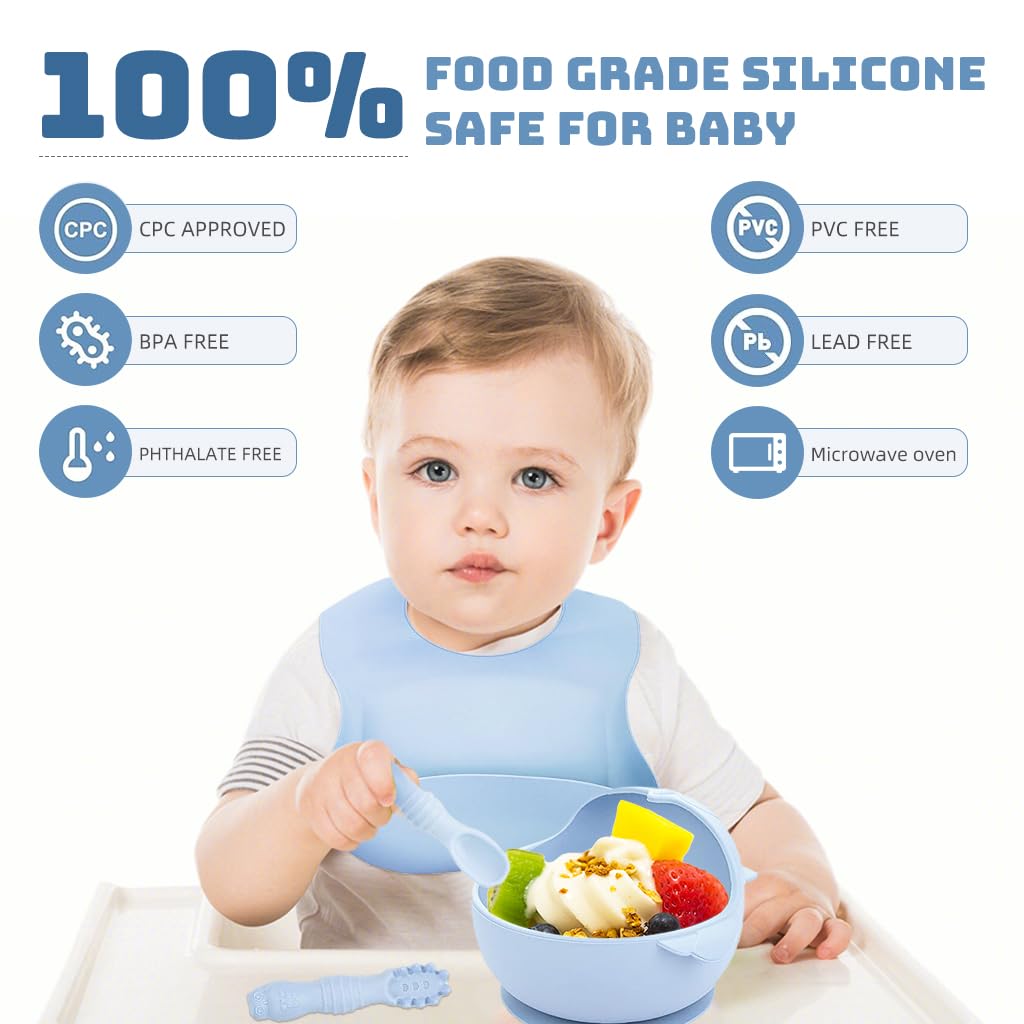 SNOWIE SOFT Baby Feeding Set of 10Pcs Food Grade Toddlers Silicone Food Plate Sipping Cup Bowl Set with Silicone Bib, Baby Cutleries, Self-Feeding Tableware Set for Toddlers, Sterilizable, Blue