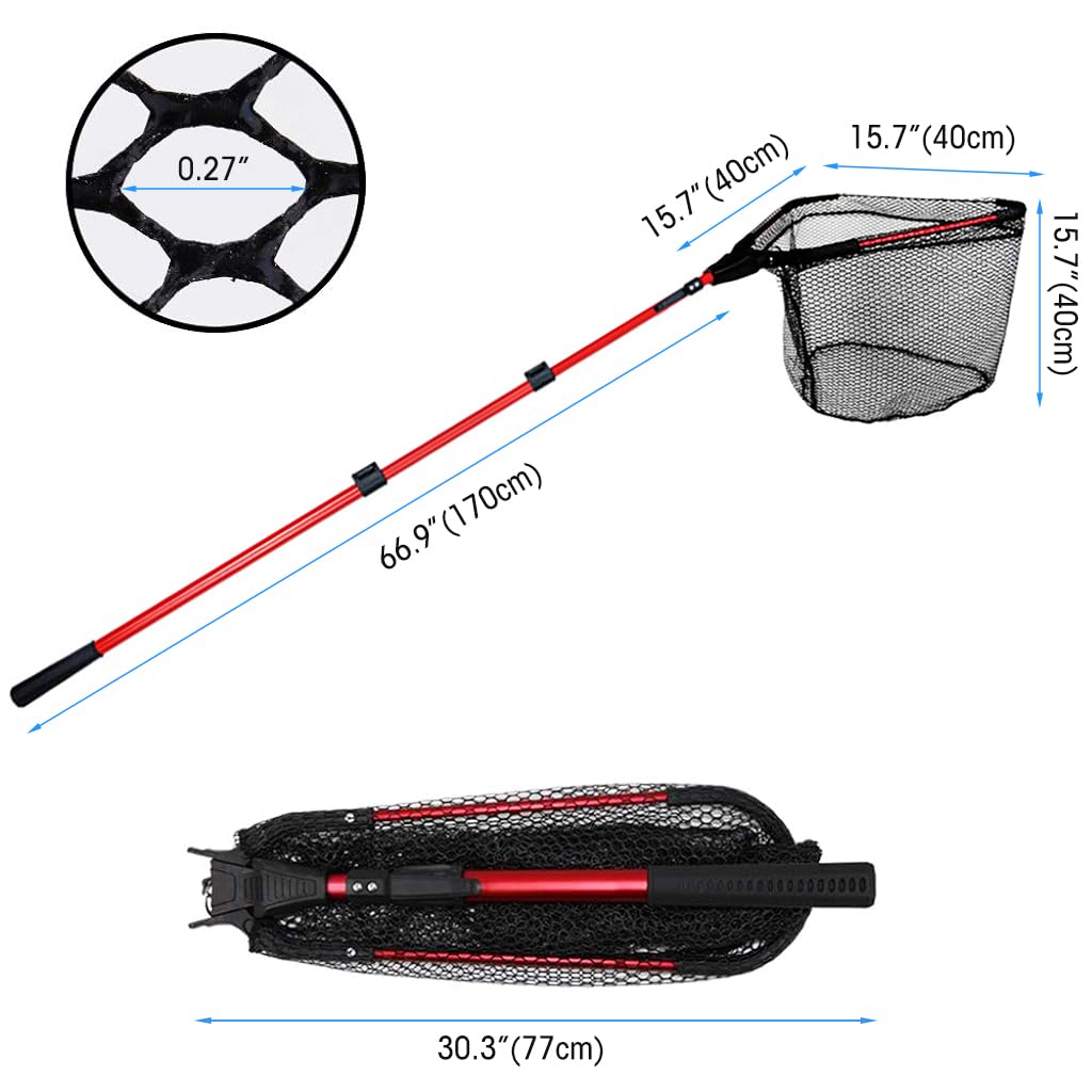 Proberos Retractable Fishing Net, Portable Aluminum Alloy Fishing Net Folding Triangle Wide Fishing Landing Net Telescopic Fishing Net Catcher Suitable for Fish Under 5 KG (2.1M)