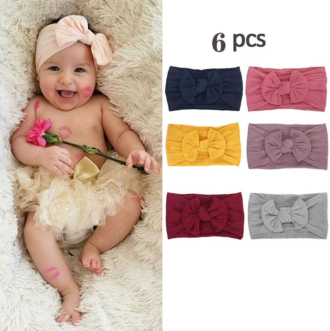 SNOWIE SOFT Cotton Headbands Turban Knotted Girls Hairband Super Soft and Stretchy Hair Wrap for Baby Girls, Pack of 6 - Multicolor