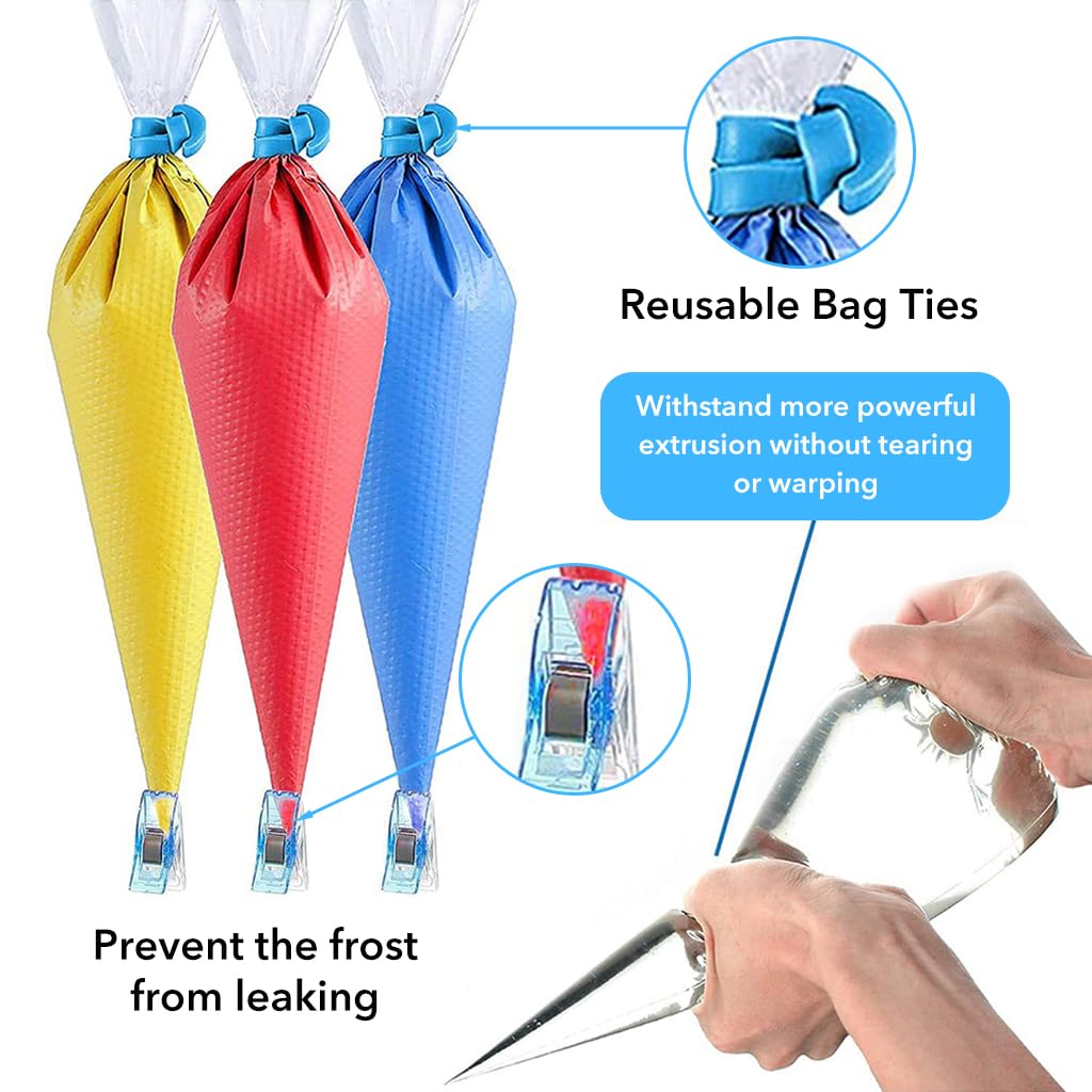 HASTHIP Tipless Piping Bags, 100Pcs Piping Pastry Bag for Royal Icing/Cookies Decorating, Cake Decorating Supplies Kit with 10 Piping Bags Ties, 10 Bag Clips & 2 Scriber Needle
