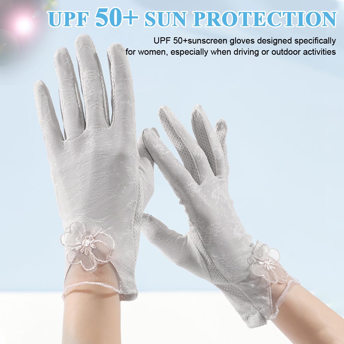 PALAY Sun Protection Gloves for Women Stylish Flower Lace Hand Gloves for Bike Touch Screen Breathable Gloves Grey Summer Cool Silk-Feel for Golfing Fishing - 1 Pair, Non-Slip Design