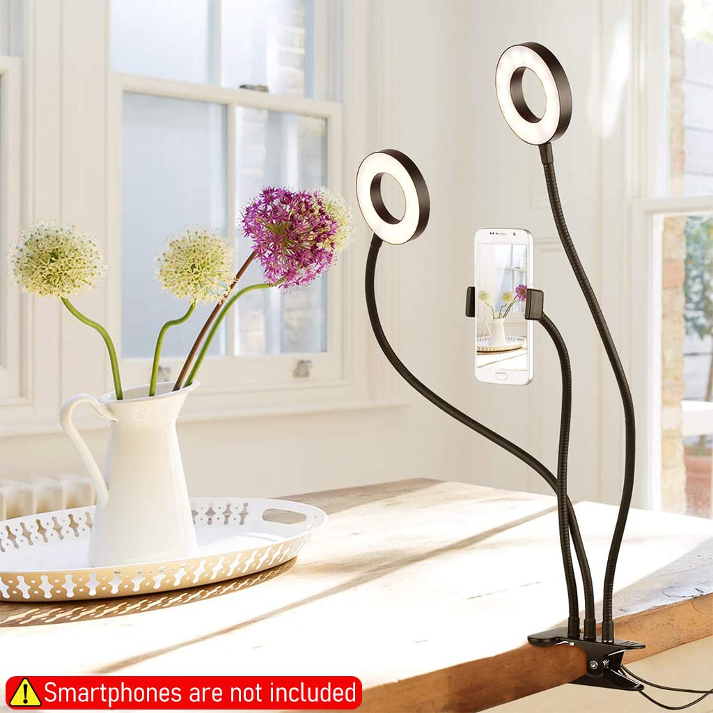 ZORBES Light for Video Shooting, 2 in 1 USB LED Selfie Light Dual Ring Light for Video Shooting, 360° Rotatable Ring Light Phone Holder Phone Stand Clip-on Video Light Ring Light with 3 Colors 10 Brightness