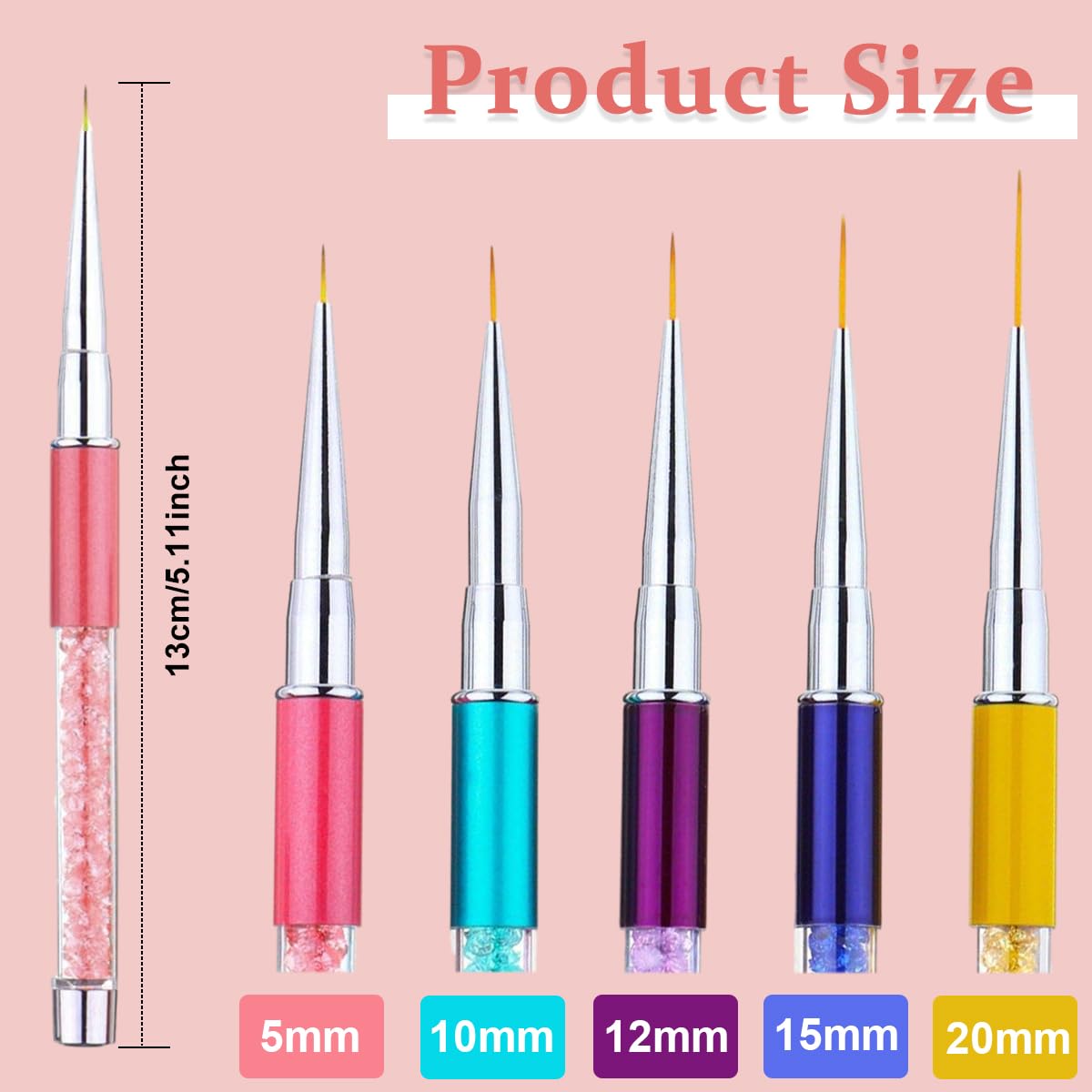 MAYCREATE 5 Pack Nail Art Brush Set, 3D Nail Liner Painting Brushes Pen DIY Dotting Drawing Manicure Tool with Rhinestone Handles, for Salon or Home Use, 7 9 11 14 19mm