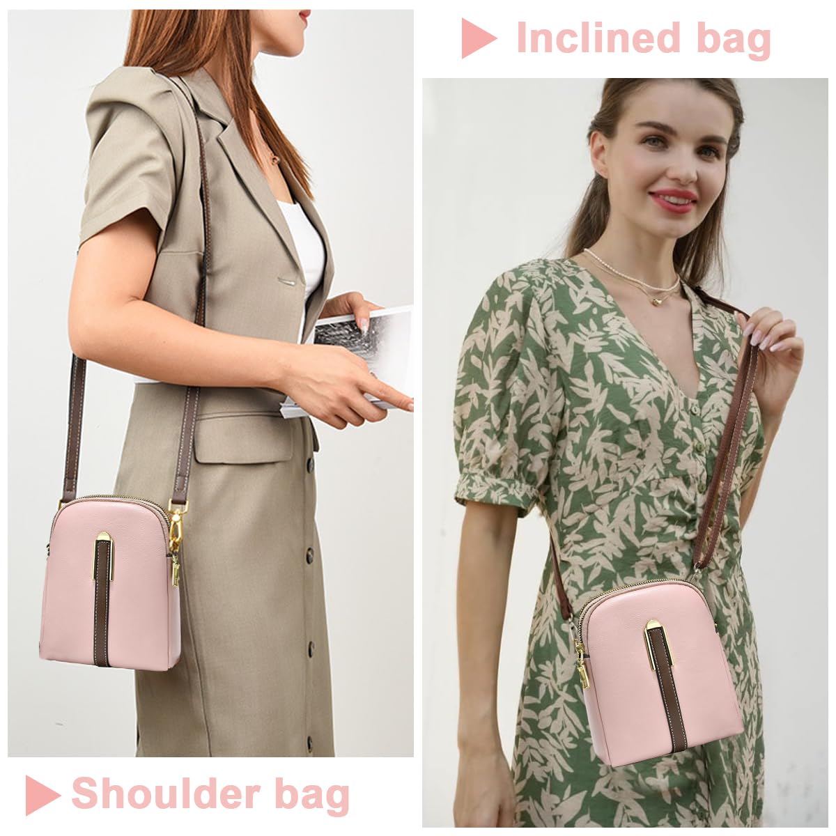 PALAY Sling Bag Stylish PU Women Crossbody Bag Phone Bag Double Layer Daily Bag with Detachable Shoulder Belt Casual Shoulder Bag with Zipper Pouches Gift for Women, Pink