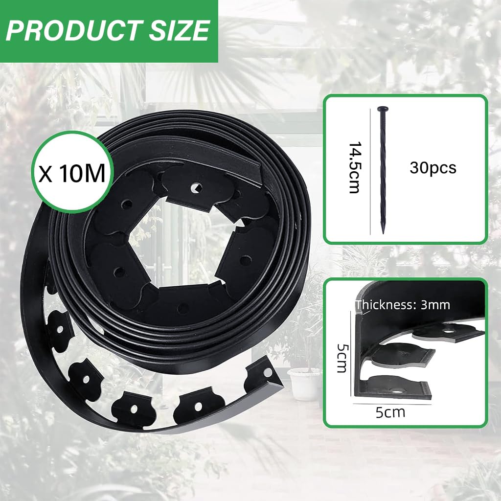 HASTHIP 10m Fence for Boundary with 30pcs Spikes, PE Reusable Green Fence for Garden Art Landscape Edging/Lawn Diveder, Cuttable Garden Edging Border for Lawn, Flower, Tree Surroundings (5CM HT)