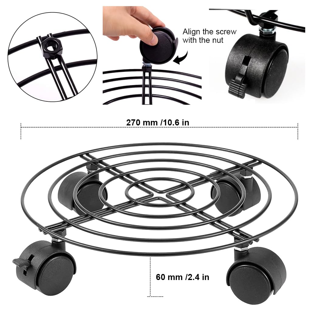 HASTHIP Plant Caddy On Wheel 10.6 inches Coil Wire Round Metal Plant Stand with Brake Wheels 360 Degree Moving Plant Caddy On Wheel Planter Stand Metal Plant Stand for Outdoor Indoor