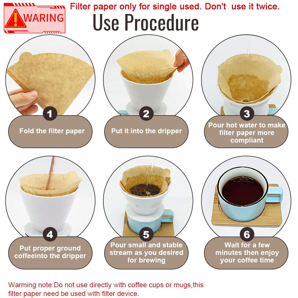 Supvox 100 Counts Coffee Filter Paper for Brewing Coffee Natural Unbleached Coffee Filter Paper Cone-Shape Disposable Coffee Filters Paper Fit for Drip Coffee Dripper