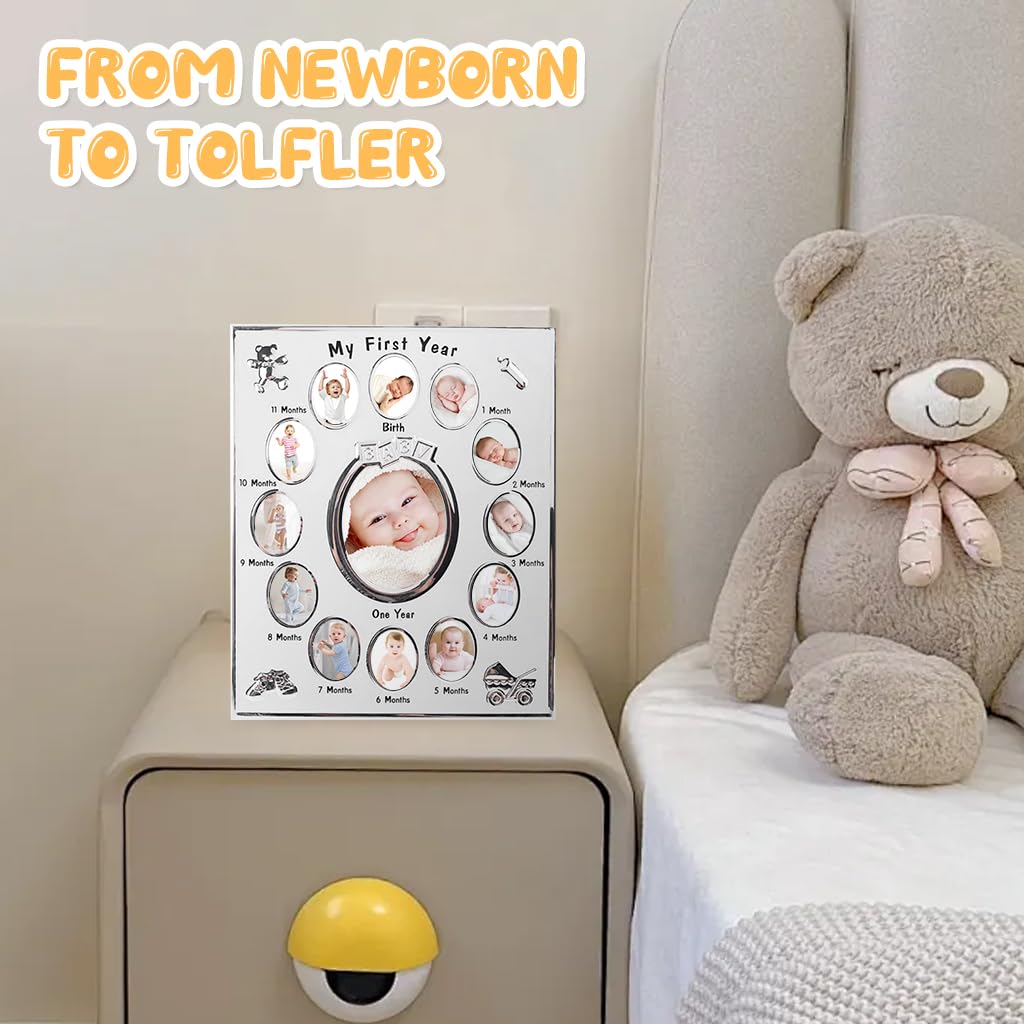 SNOWIE SOFT Baby Milestone Photo Frame First Year Milestone Picture Frame, Baby's First Twelve Months Photo Safekeeper Photo Frame, Ideal for Baby Shower, New Born Gift, Silver, 23x28cm