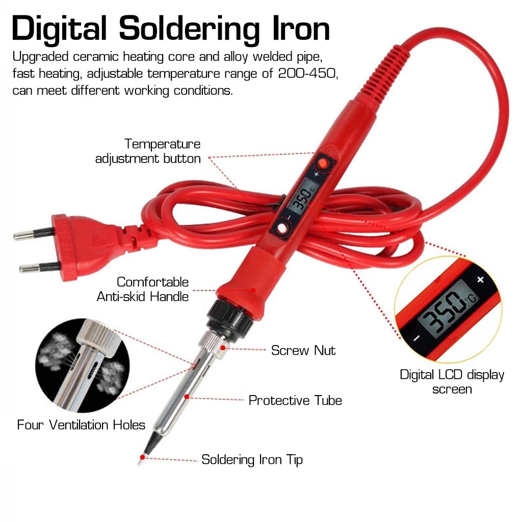 Serplex 80W Soldering Iron Multimeter Kit Temperature Adjustable Electric Soldering Iron Pen Set with Soldering Iron Tip, Solder Wire, Stand, Desoldering Pump, Welding Tool