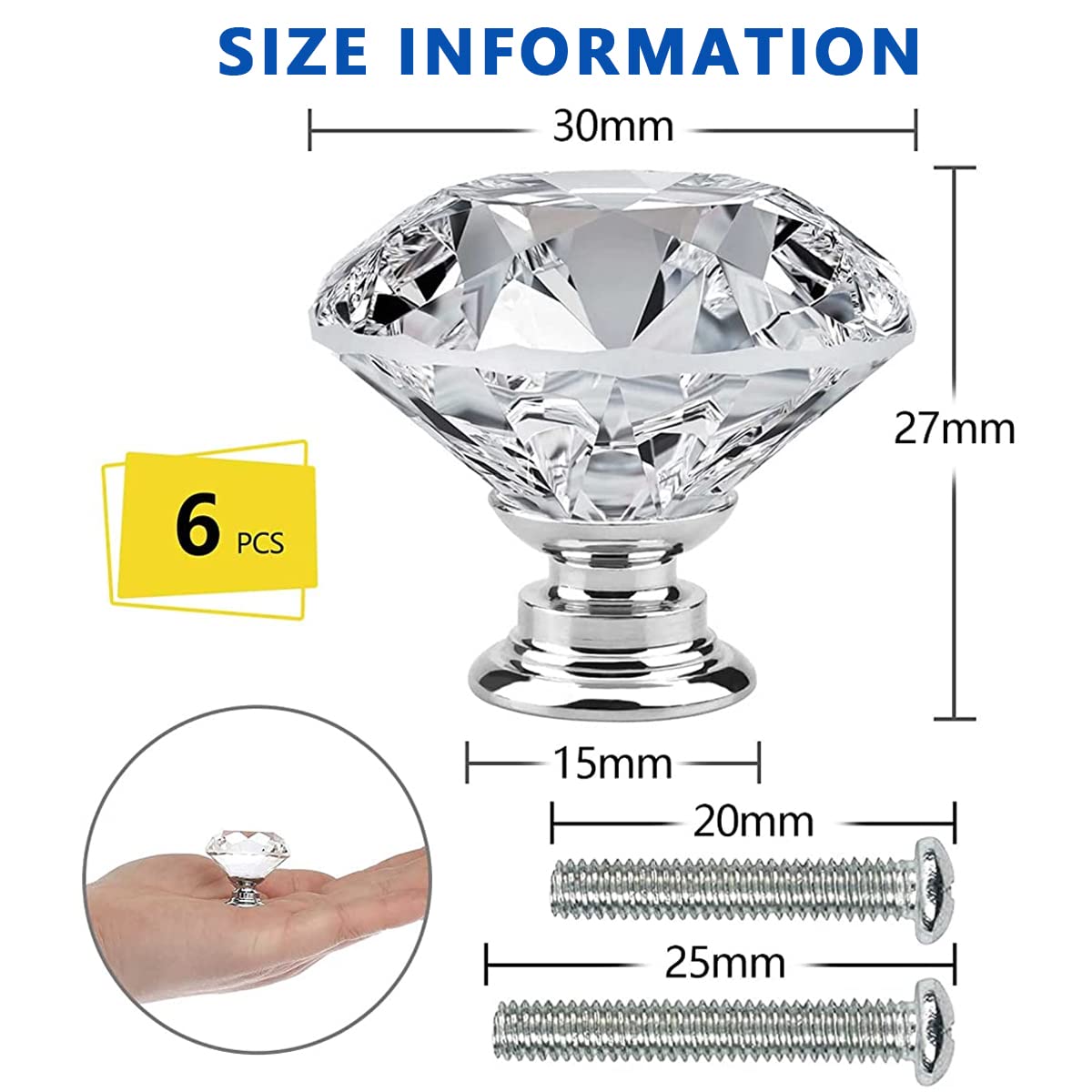 HASTHIP 6 Pack Cabinet Knobs with 2 Sizes Screws, Clear Glass Crystal Diamond Shape Cabinet Knobs, Glass Dresser Knobs for Dresser Drawers and Kitchen, Bathroom Cabinet 30mm