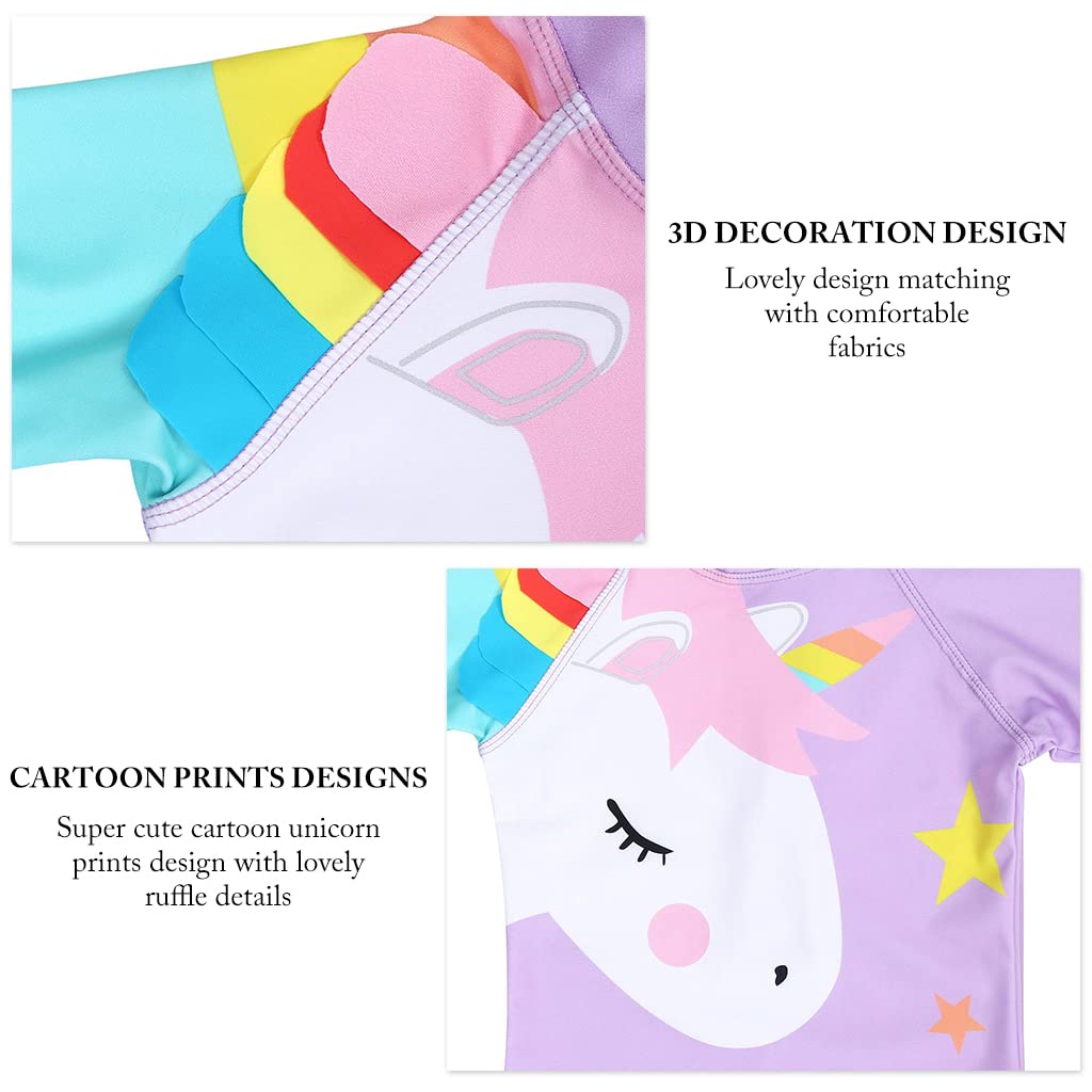ZIBUYU Swimming Suit for Girl with Hat Cartoon Unicorn Print Zipper Swimsuit Pool Summer Beach for Kids Girls of 125-135cm - 1pc Purple