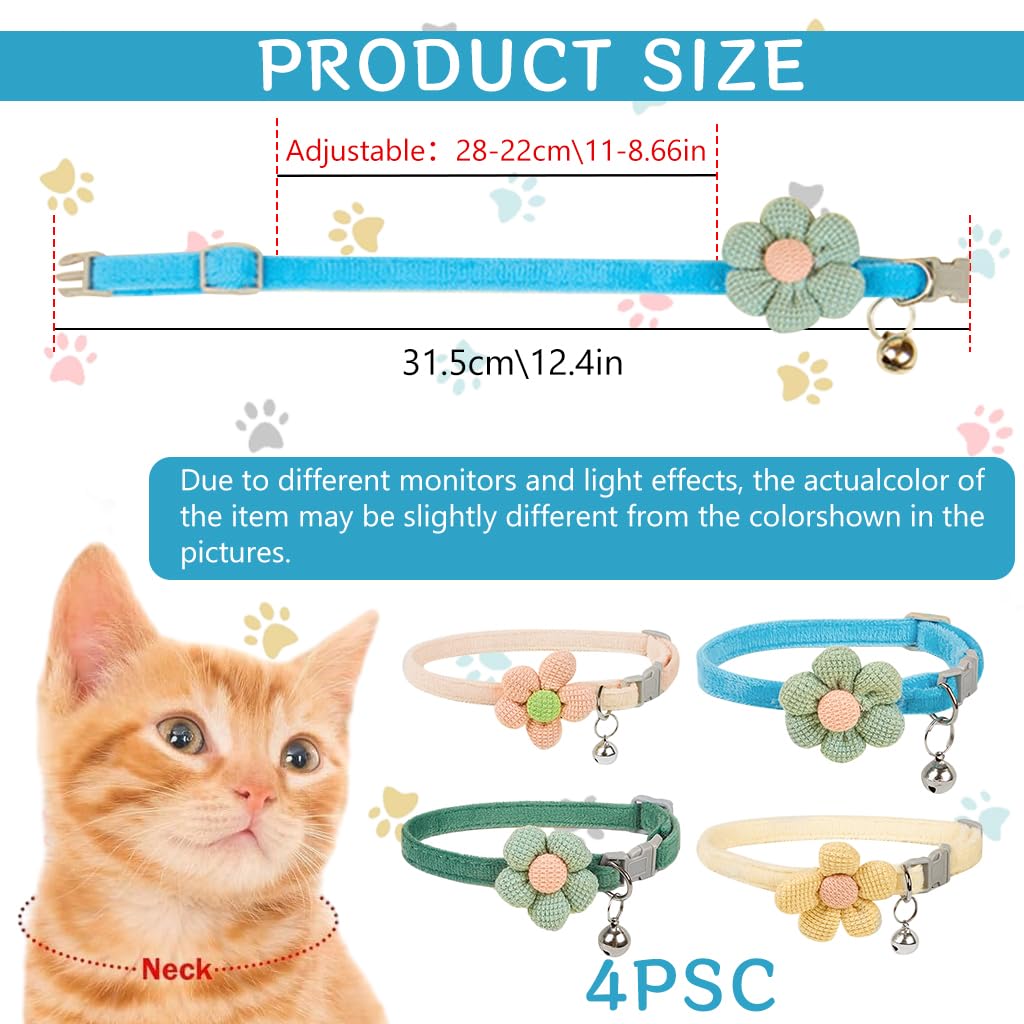 Qpets 4Pcs Cat Collar Pet Collar Cute Flower Cat Collar with Bell, Lovely Cat Collar Quick Release Adjustable Cat Collar Soft Plush Collar Cat Gift Cat Collar